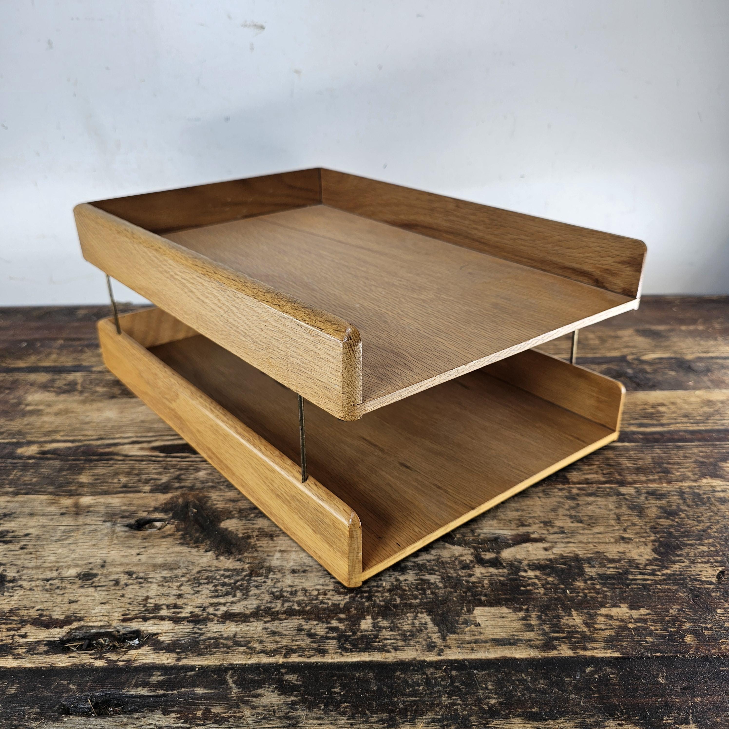 Carver Wood Products Solid Oak 2-Tier Desk Tray Set Mid-Century Modern
