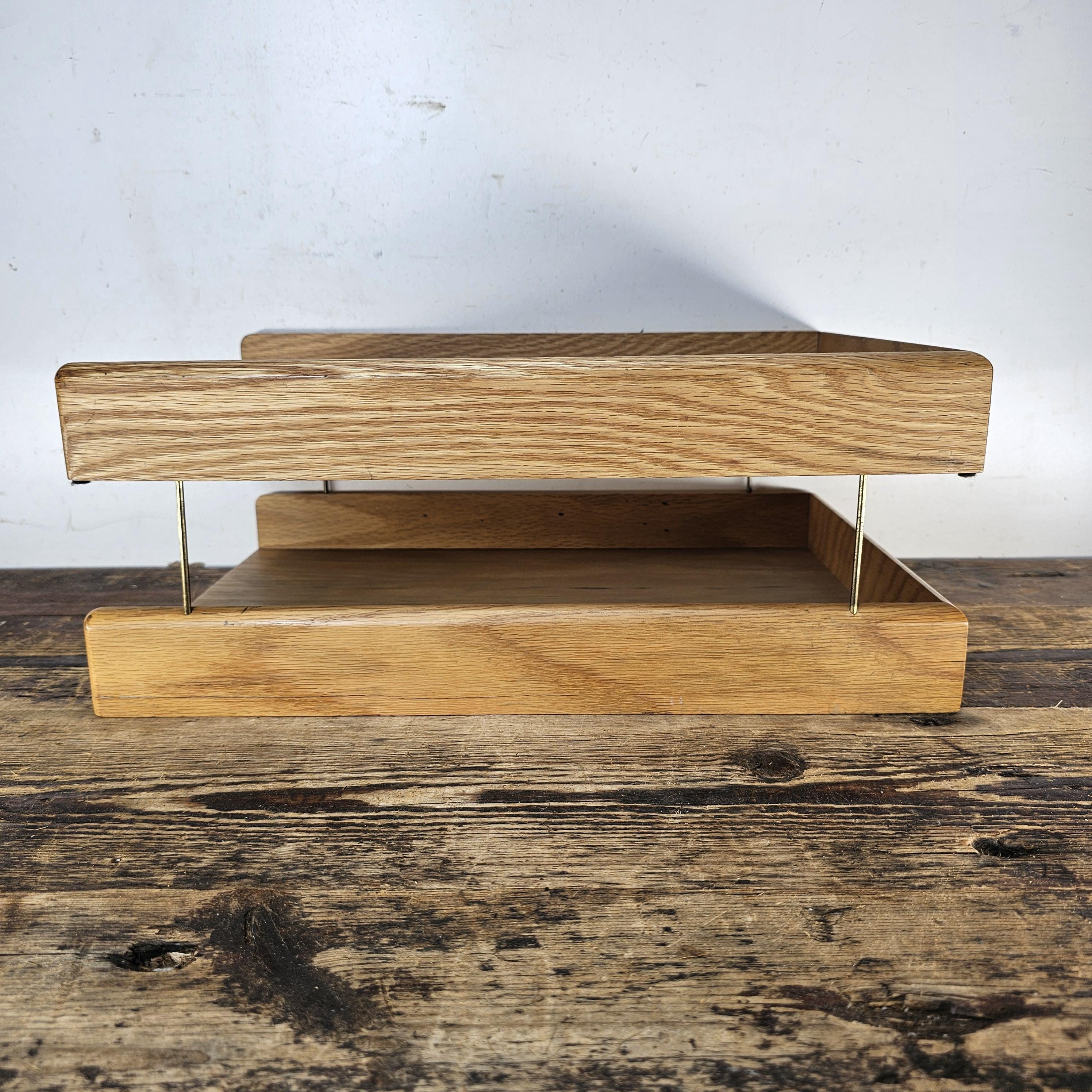 Carver Wood Products Solid Oak 2-Tier Desk Tray Set Mid-Century Modern