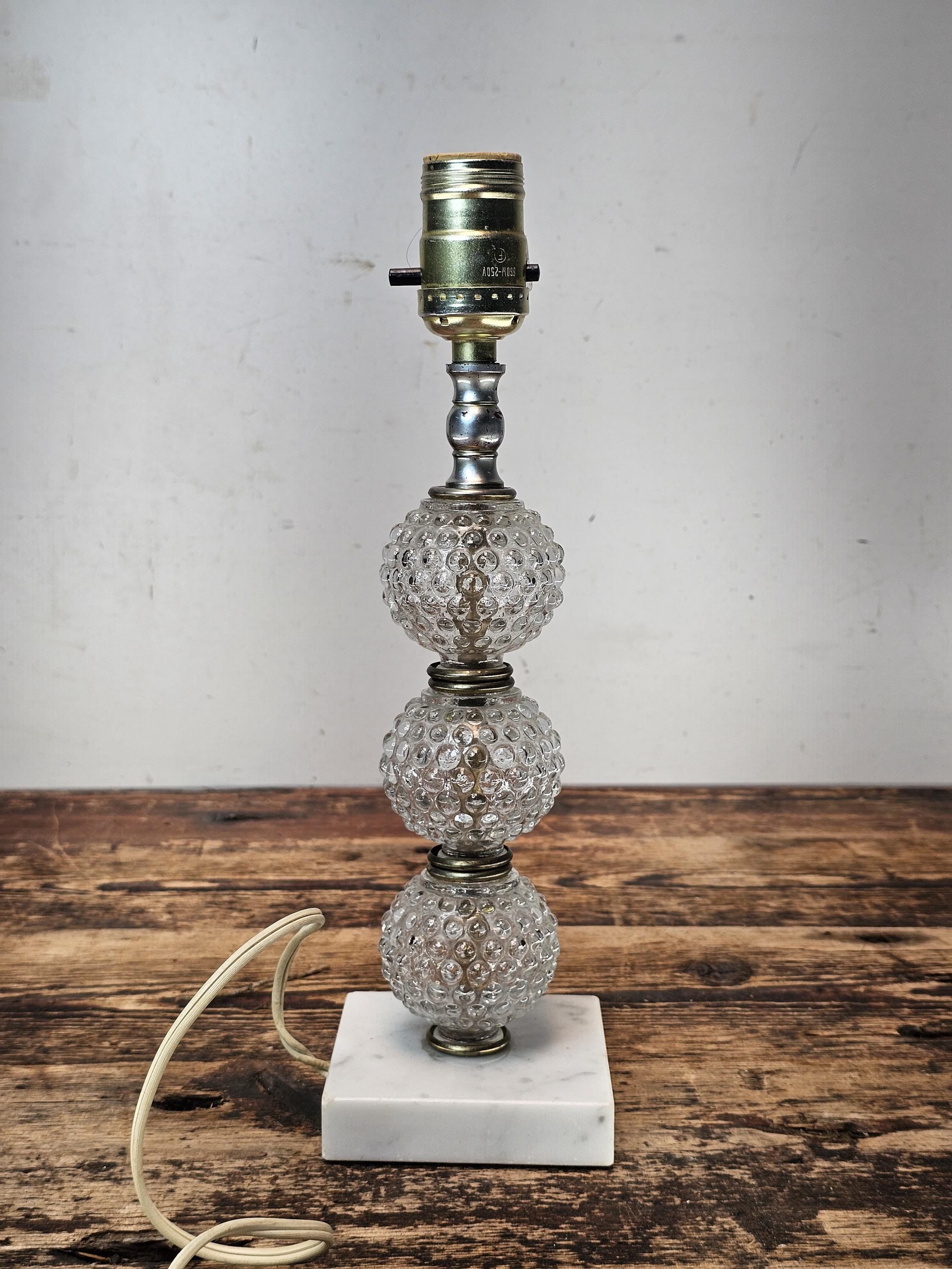 Vintage Hobnail Glass Table Lamp with Marble Base 12.5"H