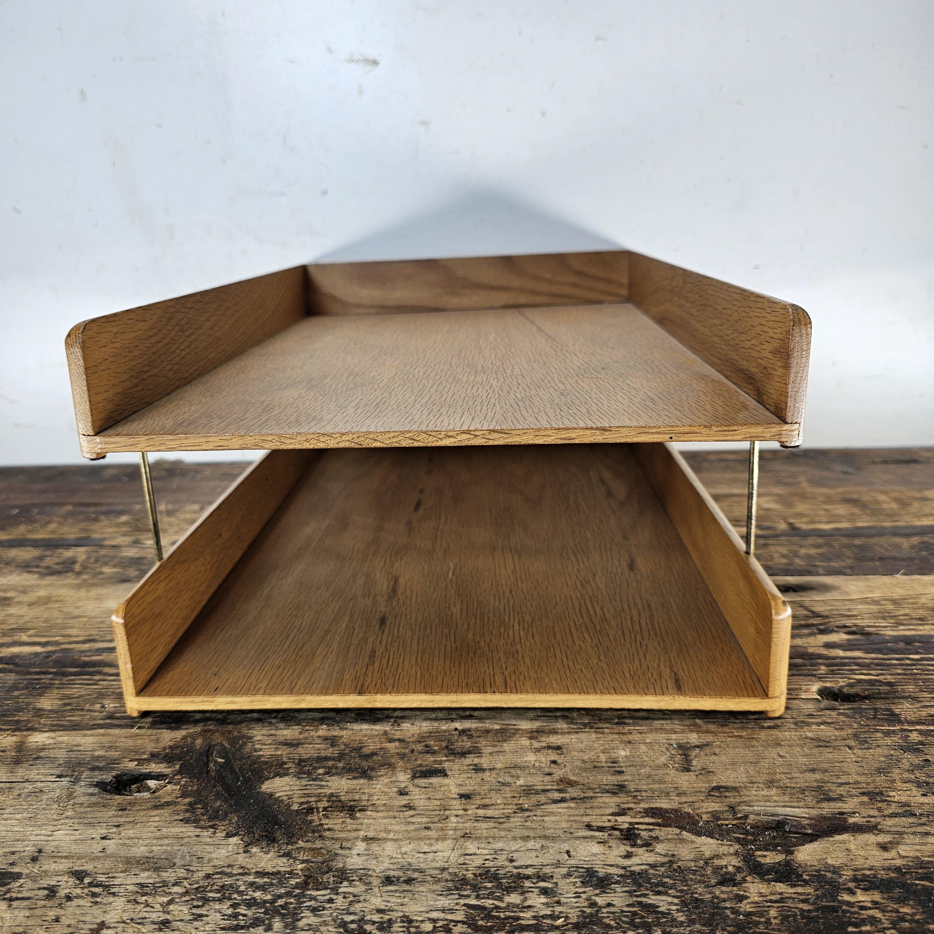 Carver Wood Products Solid Oak 2-Tier Desk Tray Set Mid-Century Modern