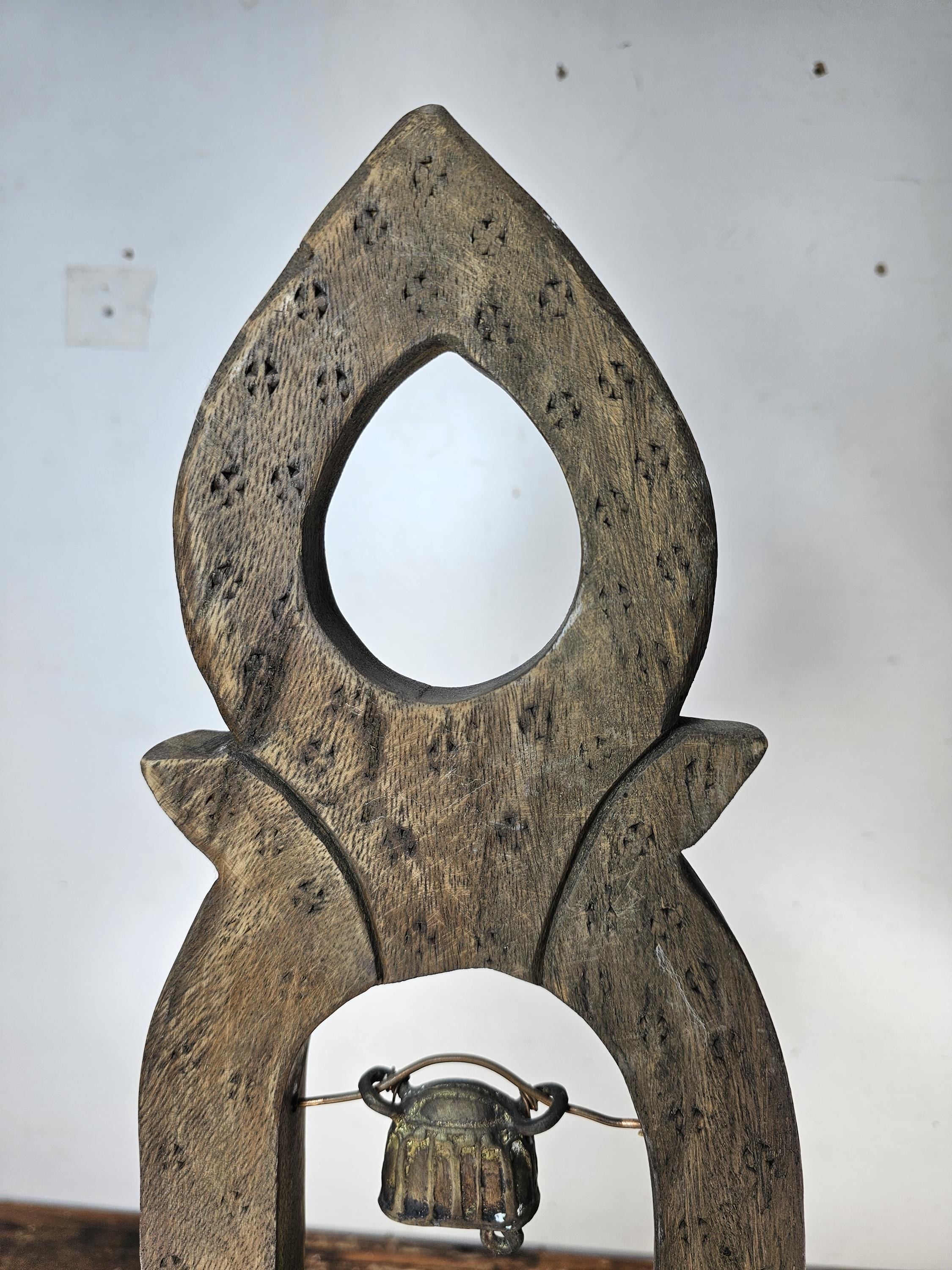 Four Burmese Hka-Lauk Water Buffalo Bells on Wooden Stand 23"H