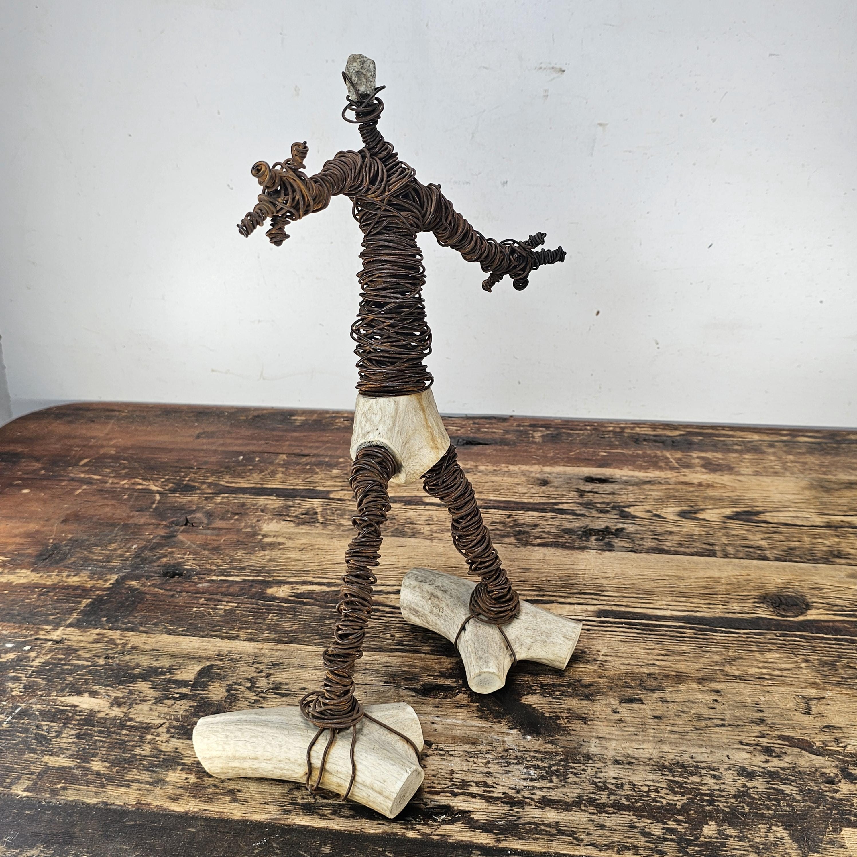 Brutalist Wire & Bone Figural Sculpture 13"H