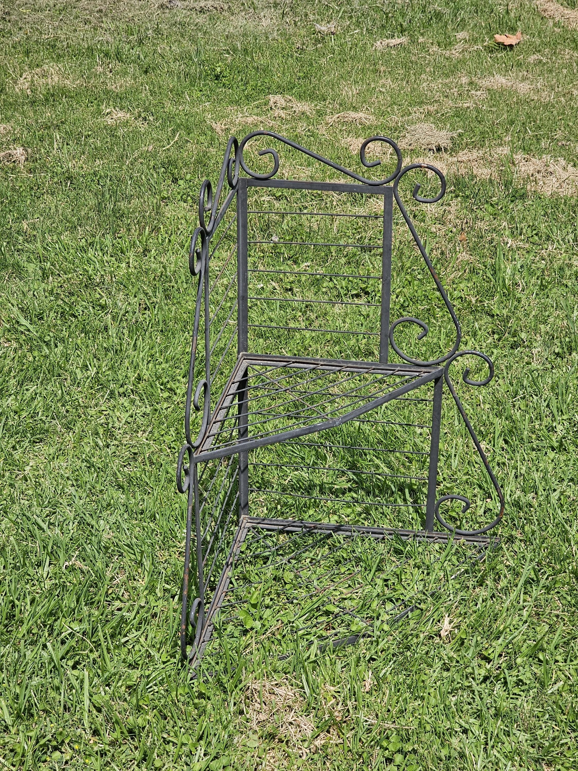 Vintage Metal Scrolled Corner Shelf Plant Stand Weathered