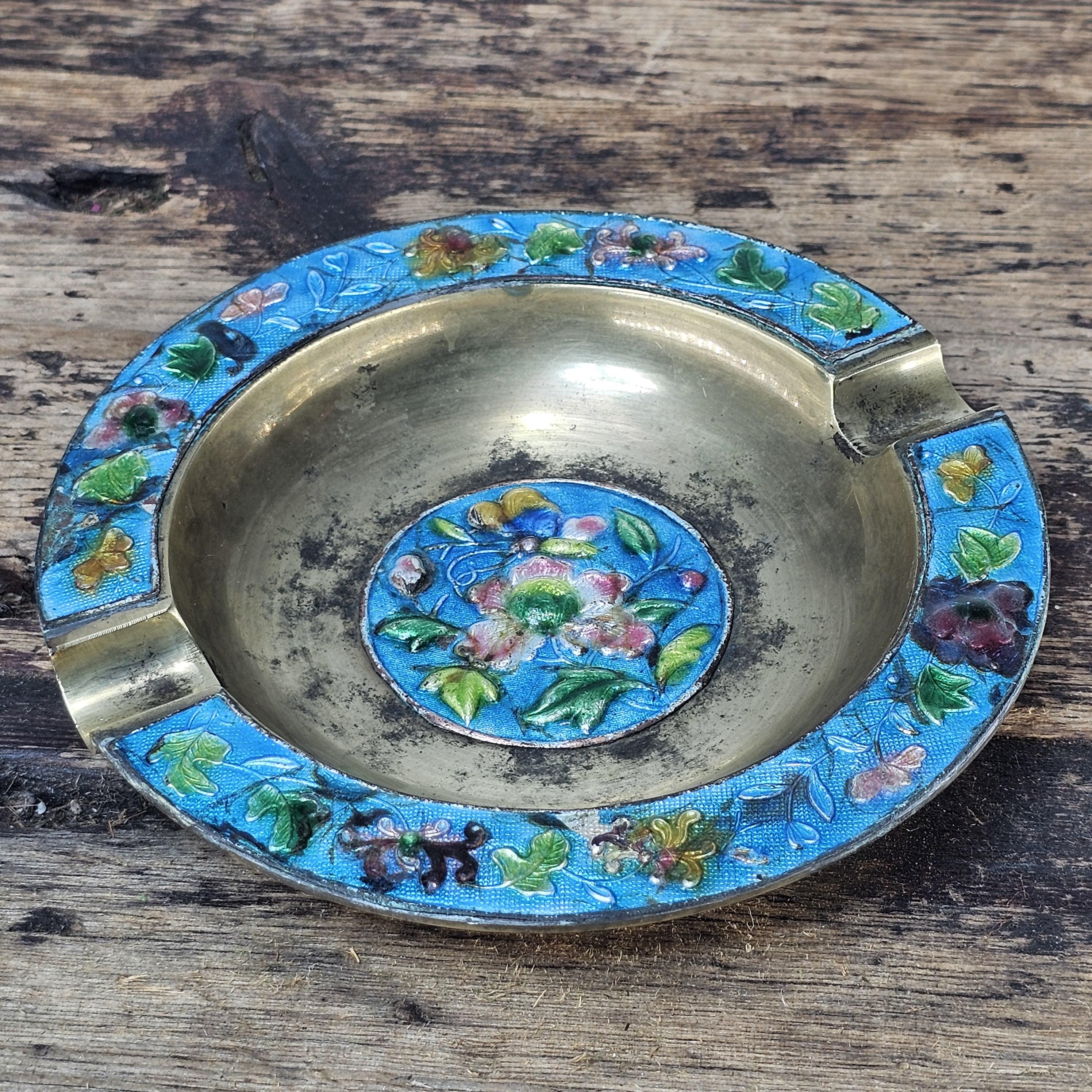 Vintage Chinese Cloisonné Enamel & Brass Ashtray | Ornate Floral Motif 5.25"