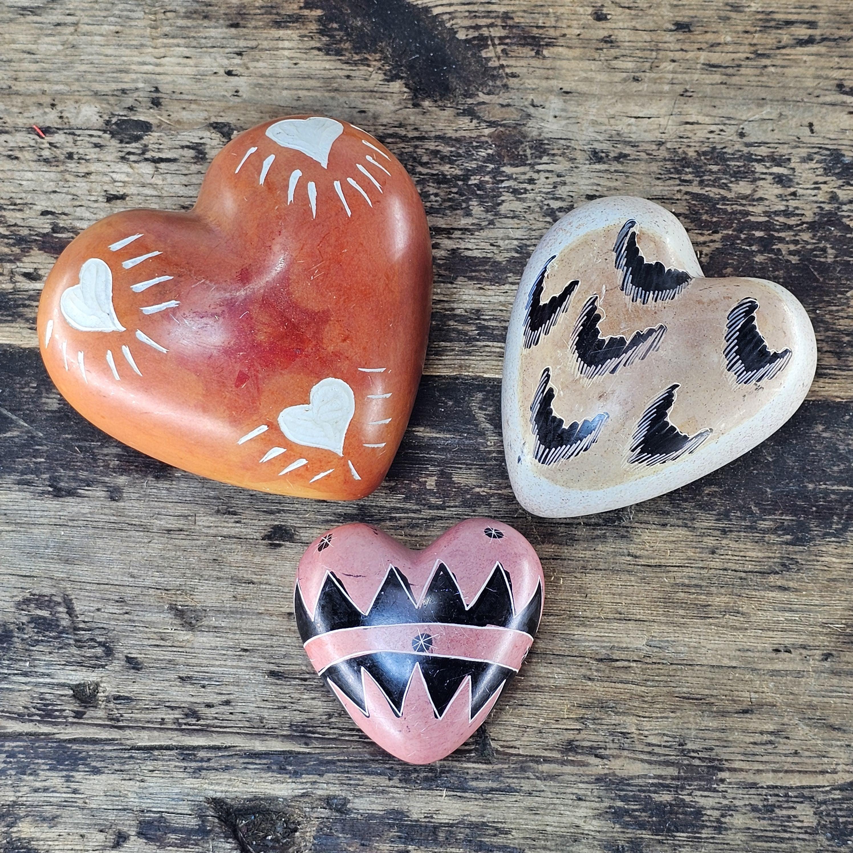 Set of 3 Hand-Carved Kenyan Soapstone Hearts African Art Decorative Paperweights