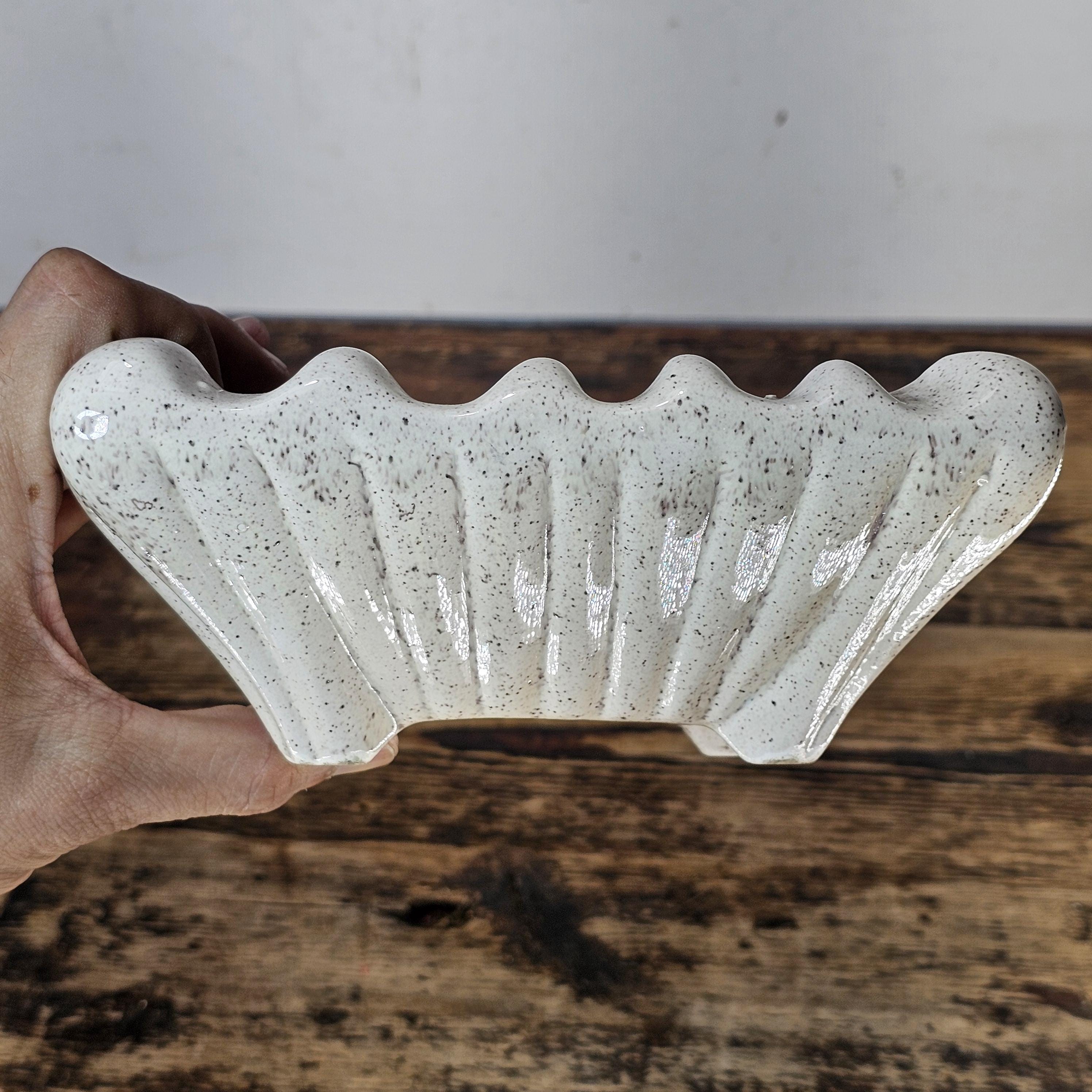 Vintage Mid-Century Ribbed Speckled Pottery Planter