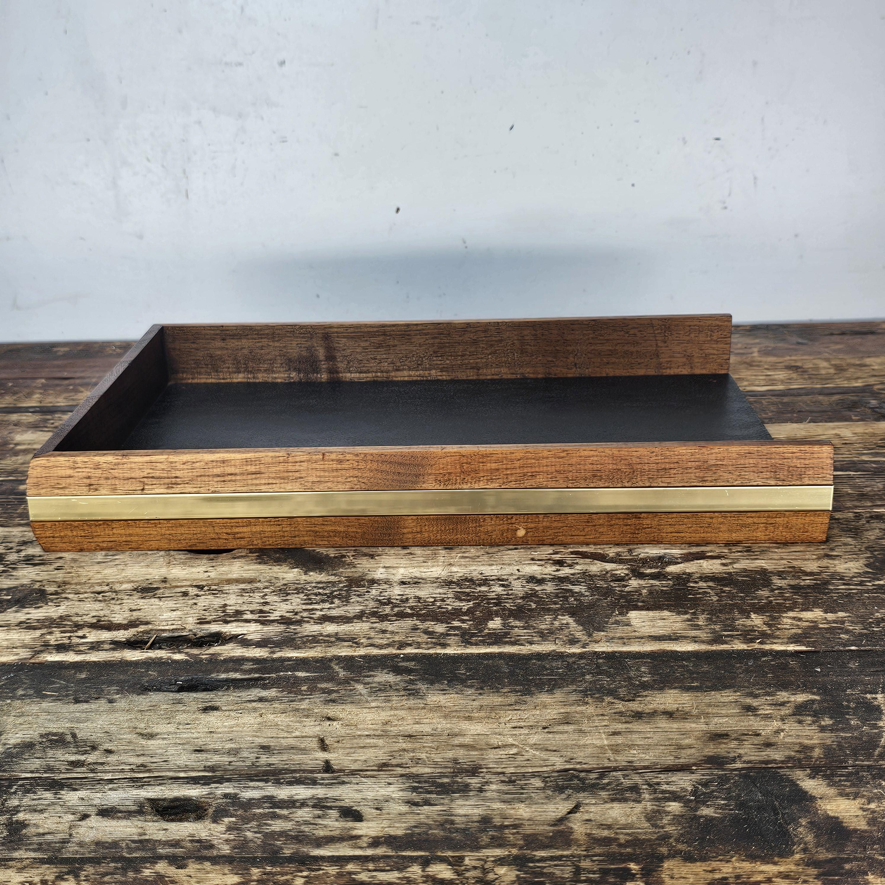 Executive Wood Desk Tray w/ Gold Metal Rim & Black Leather Style Interior