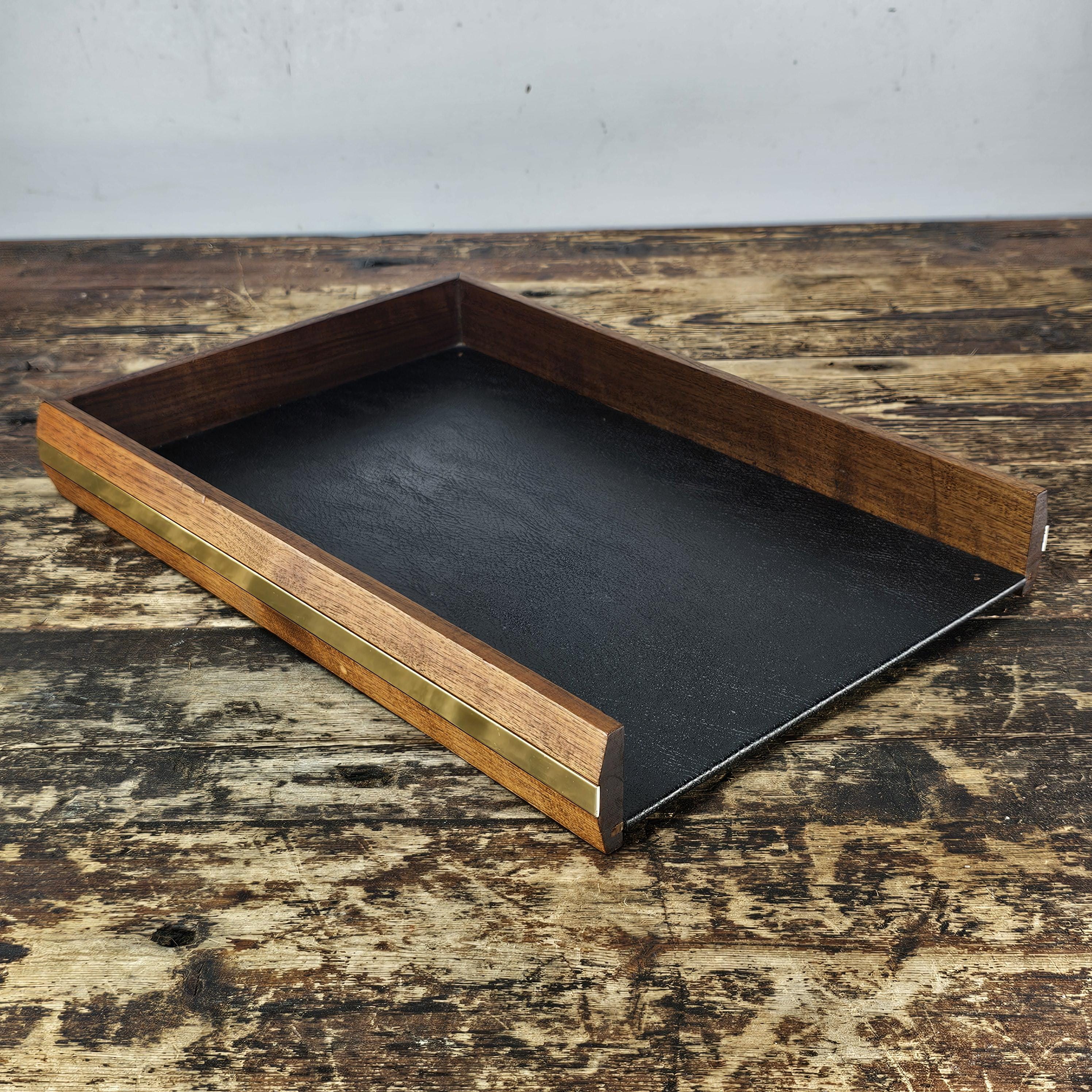 Executive Wood Desk Tray w/ Gold Metal Rim & Black Leather Style Interior