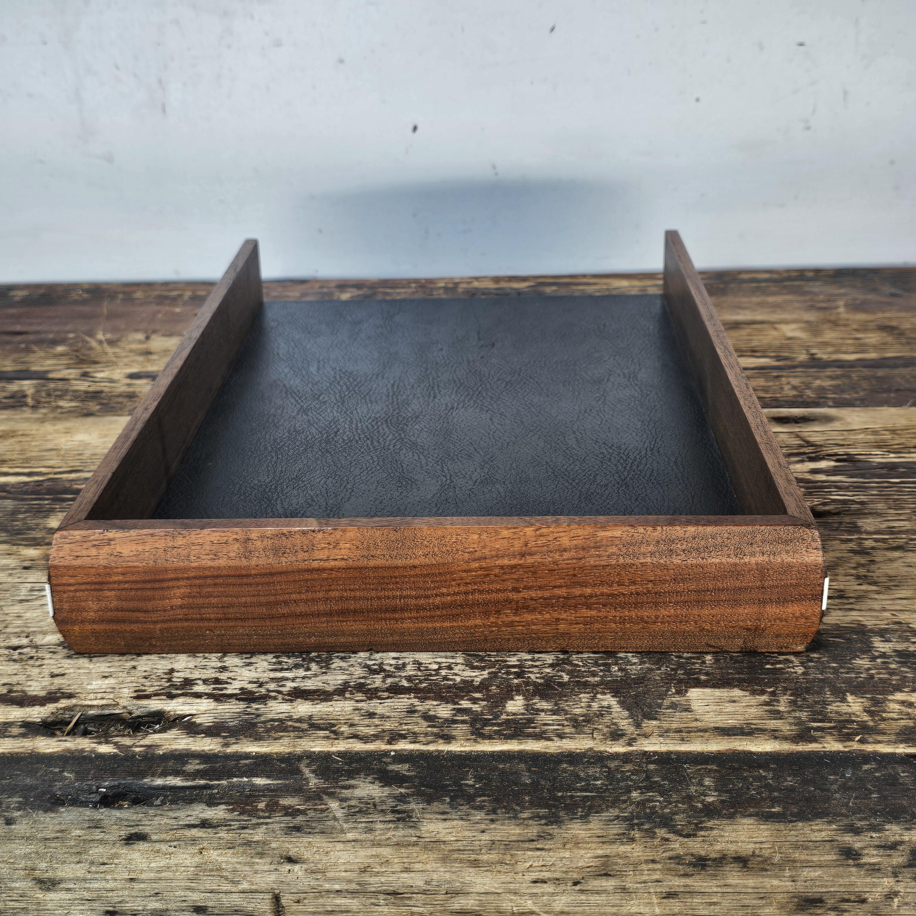 Executive Wood Desk Tray w/ Gold Metal Rim & Black Leather Style Interior