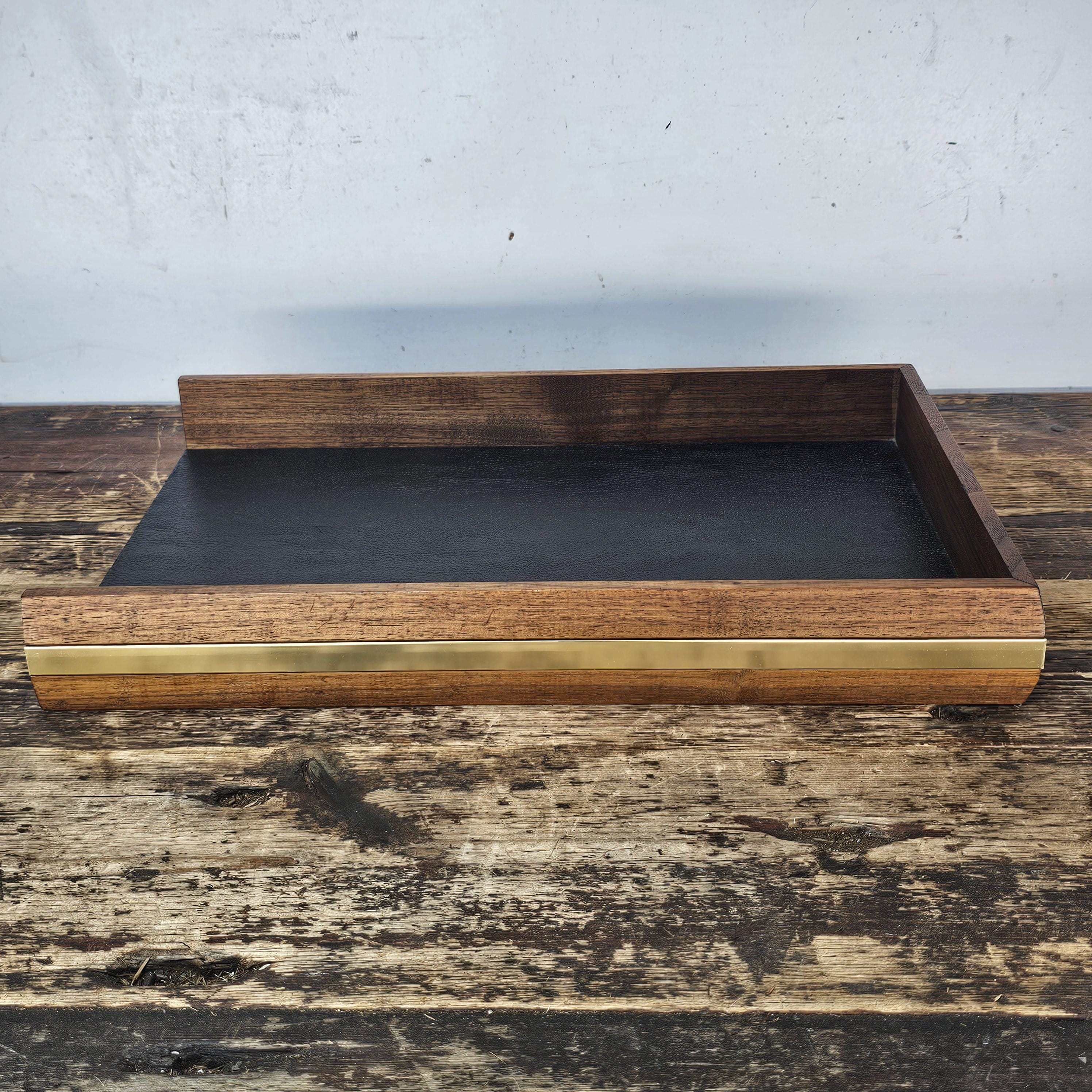 Executive Wood Desk Tray w/ Gold Metal Rim & Black Leather Style Interior