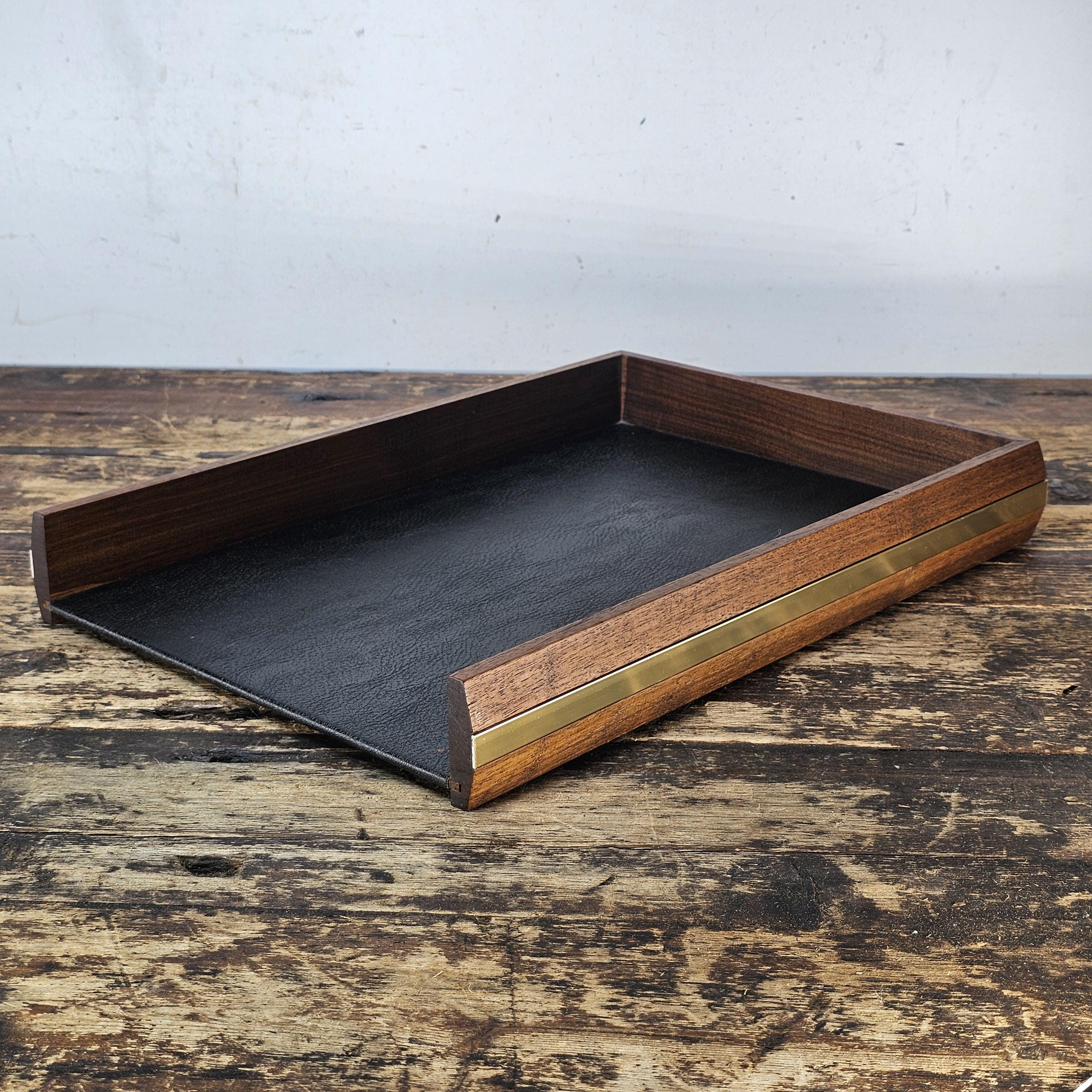 Executive Wood Desk Tray w/ Gold Metal Rim & Black Leather Style Interior