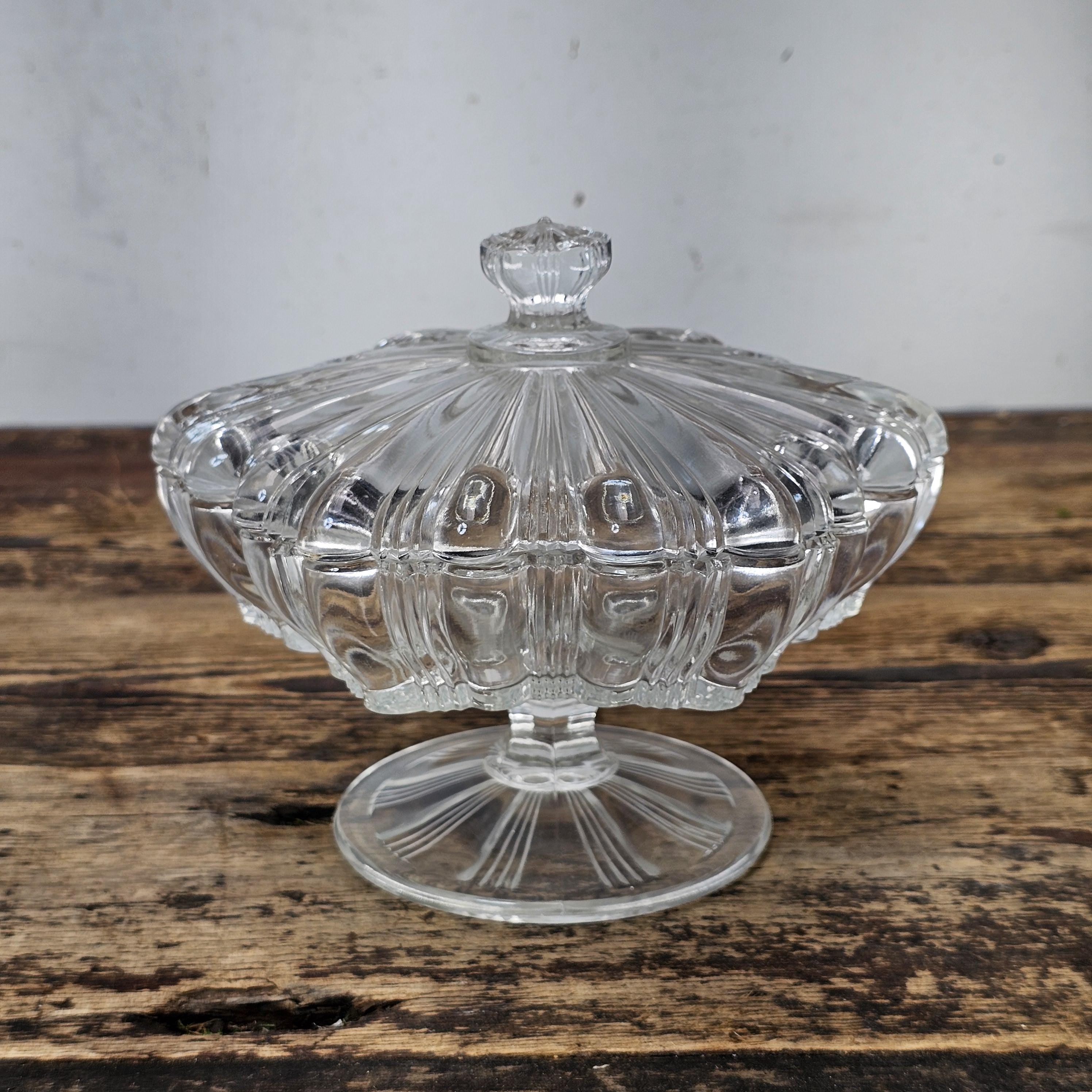 Vintage Pressed Glass Pedestal Candy Dish with Lid