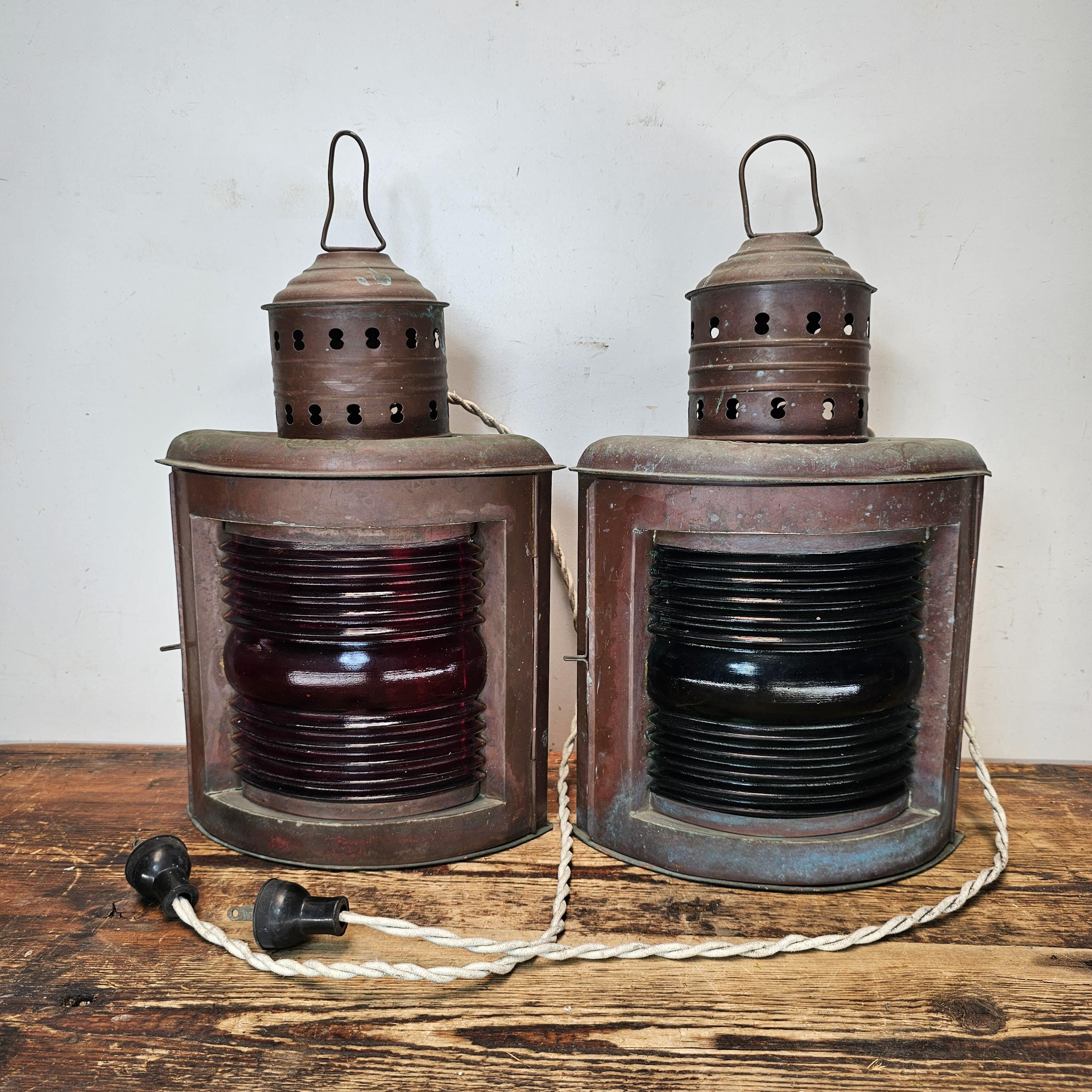 Authentic Vintage USA Copper Marine Lamps - Set of 2 Red/Green Ship Lights