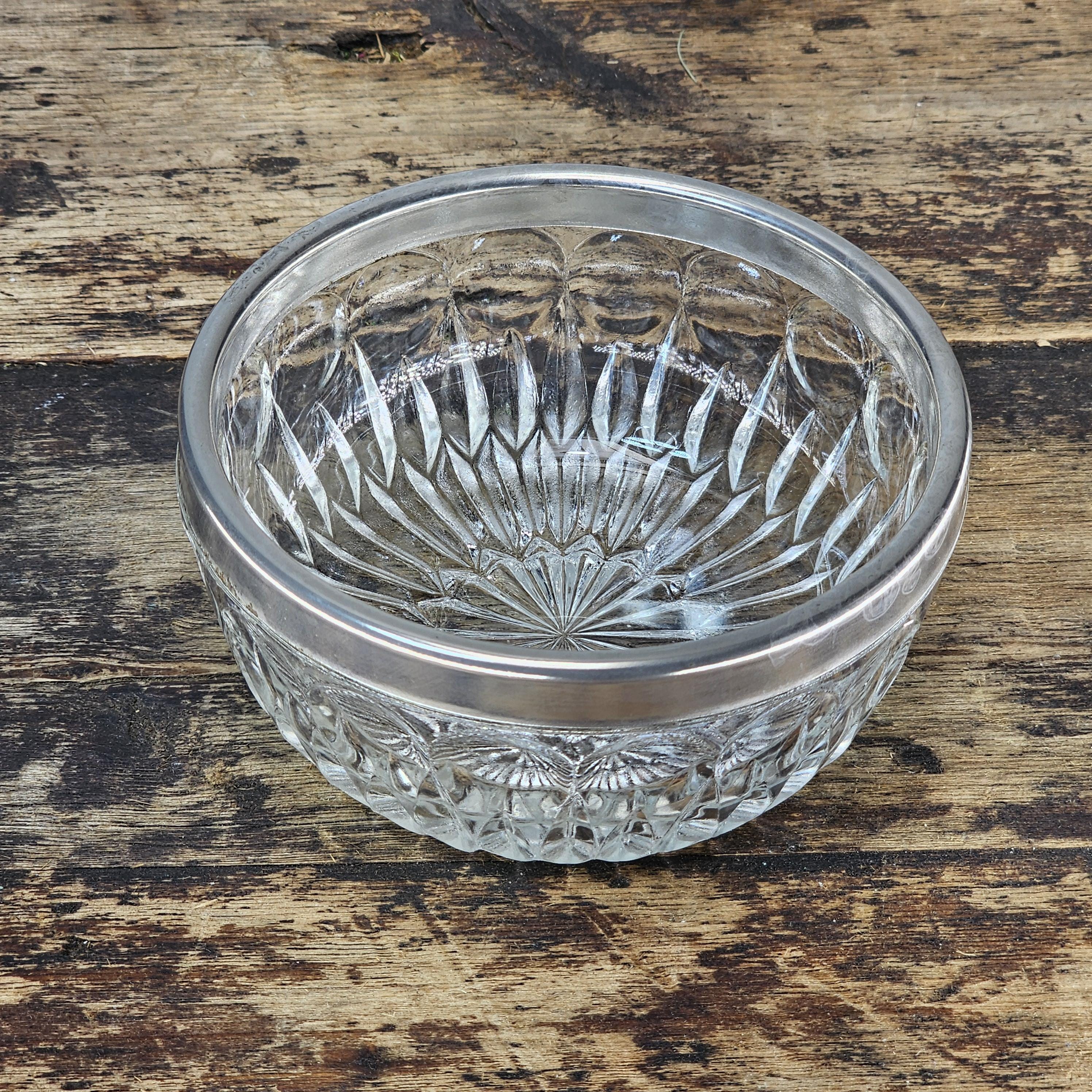 Vintage Pressed Glass Bowl with Silver-Tone Rim | Candy / Nut Dish