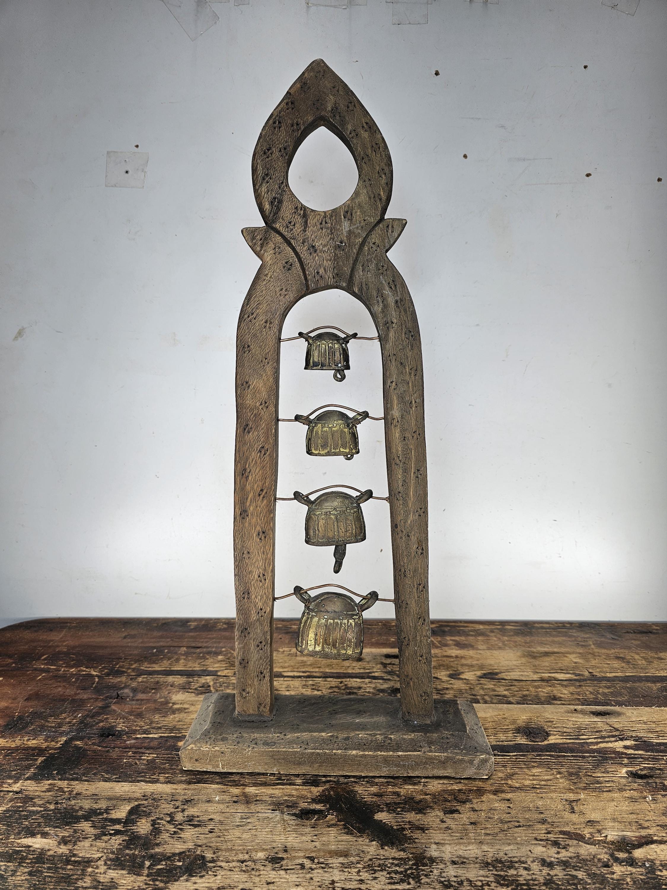 Four Burmese Hka-Lauk Water Buffalo Bells on Wooden Stand 23"H
