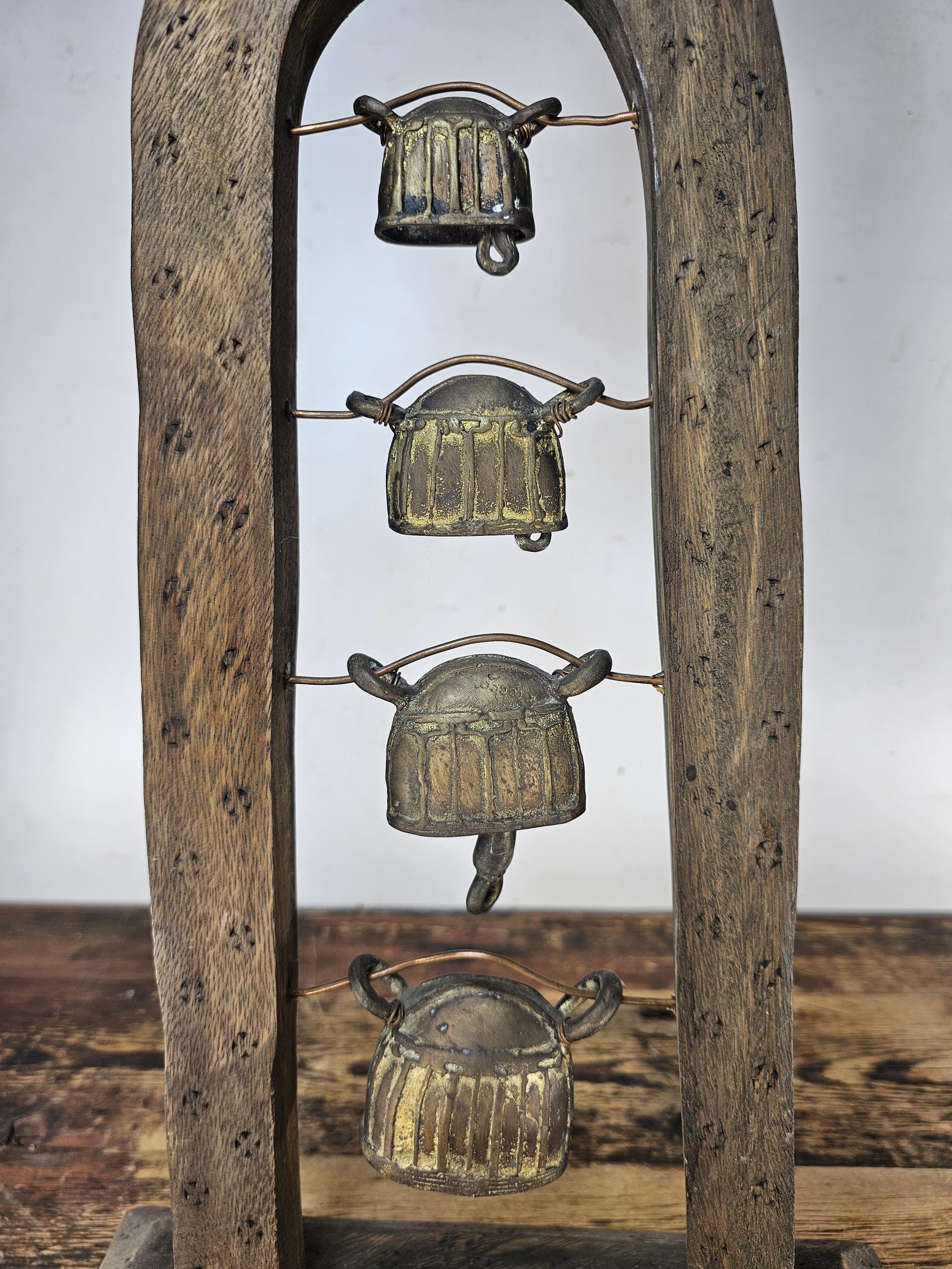 Four Burmese Hka-Lauk Water Buffalo Bells on Wooden Stand 23"H