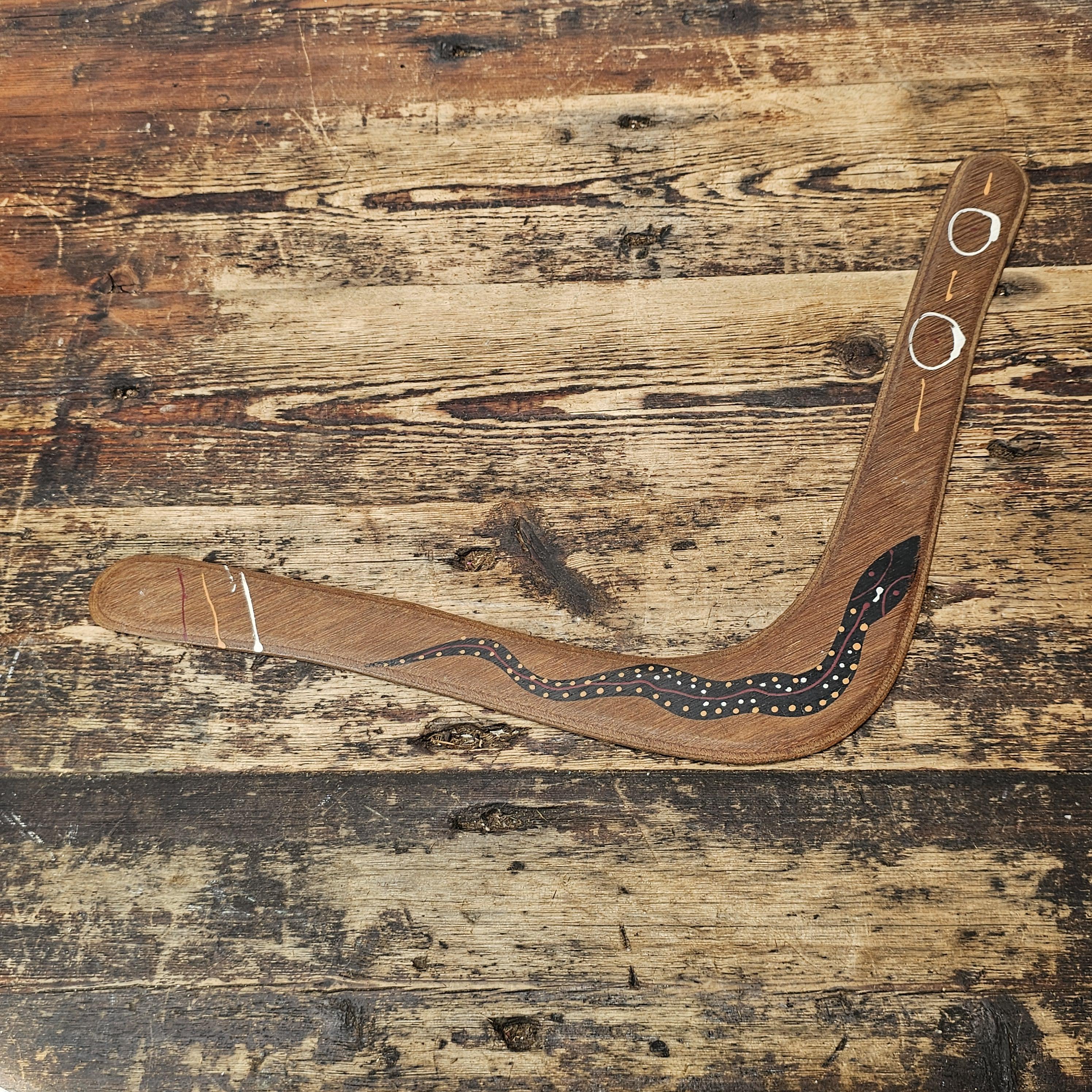Aboriginal Art Style Wooden Boomerang (Snake Design)