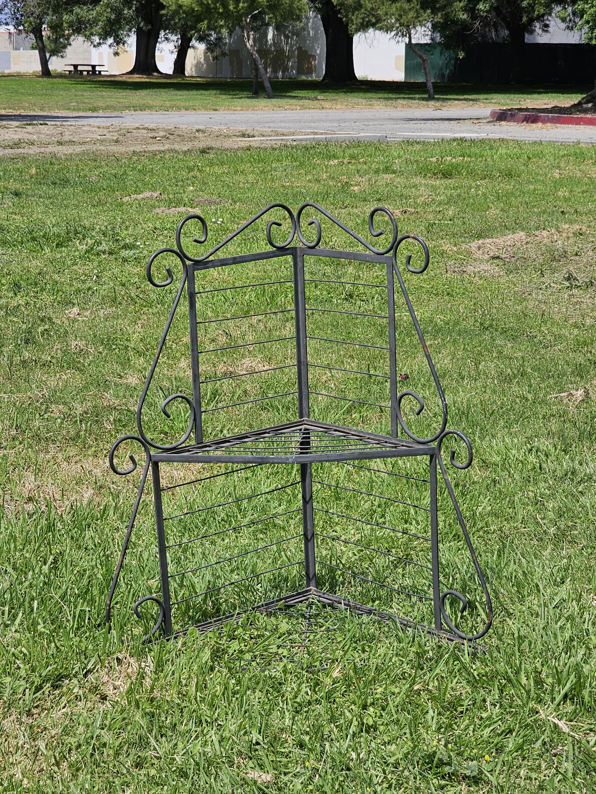 Vintage Metal Scrolled Corner Shelf Plant Stand Weathered