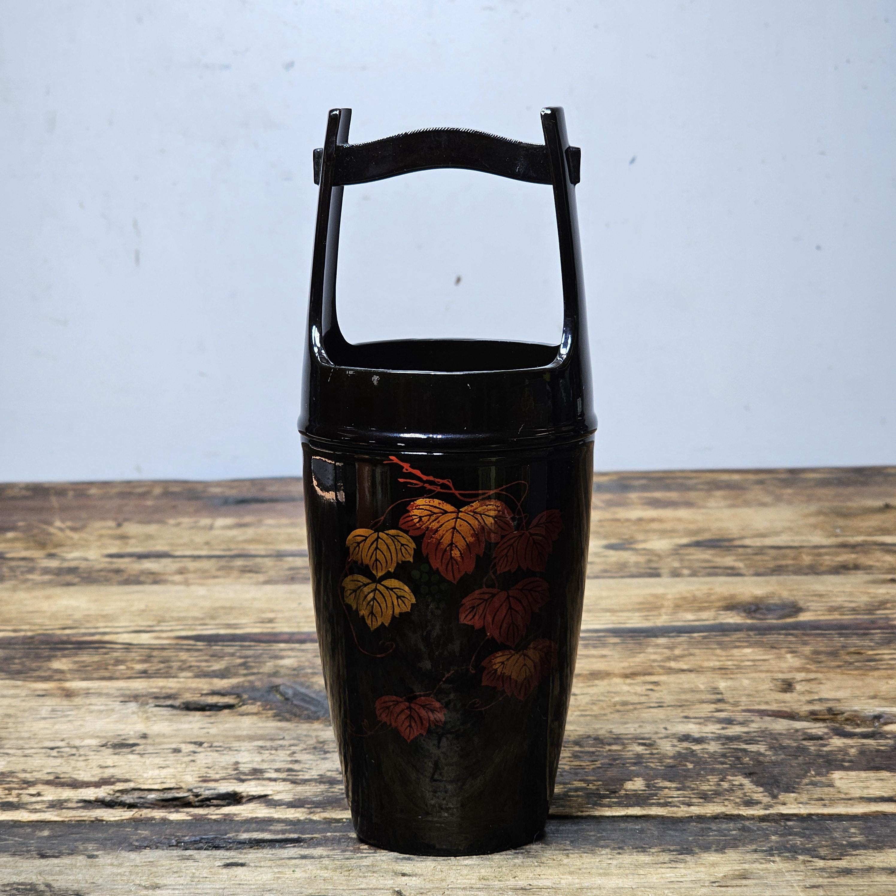 Vintage Yakumo-nuri Lacquerware Ikebana Vase | "Floating" Grape Leaves 8"H