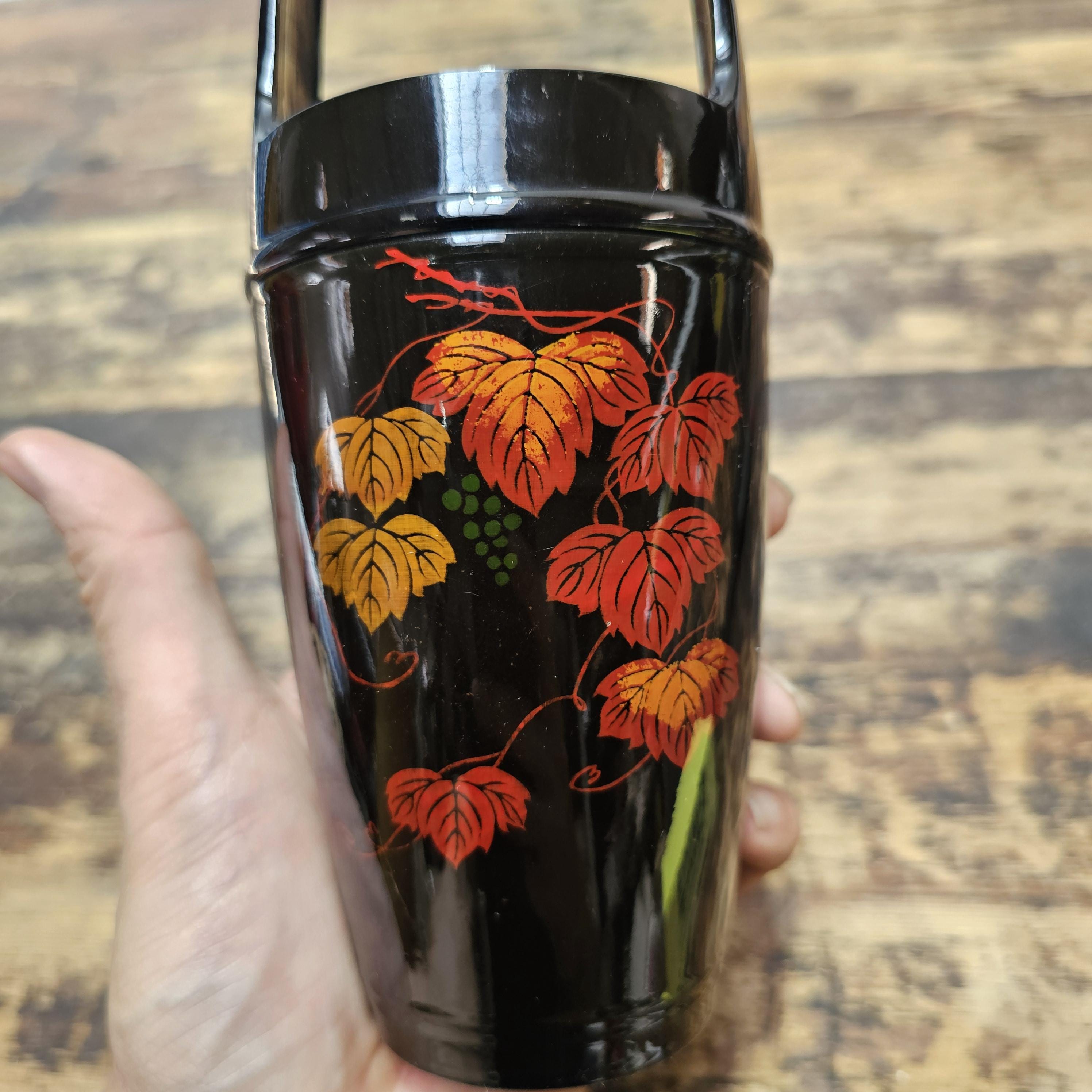 Vintage Yakumo-nuri Lacquerware Ikebana Vase | "Floating" Grape Leaves 8"H