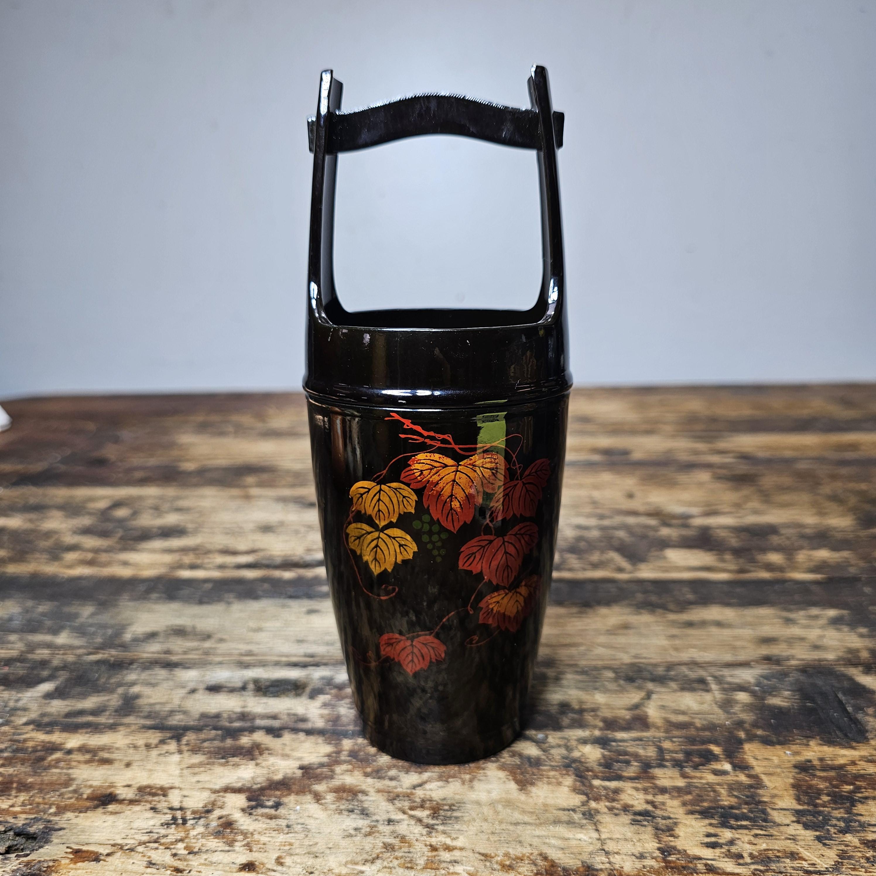 Vintage Yakumo-nuri Lacquerware Ikebana Vase | "Floating" Grape Leaves 8"H