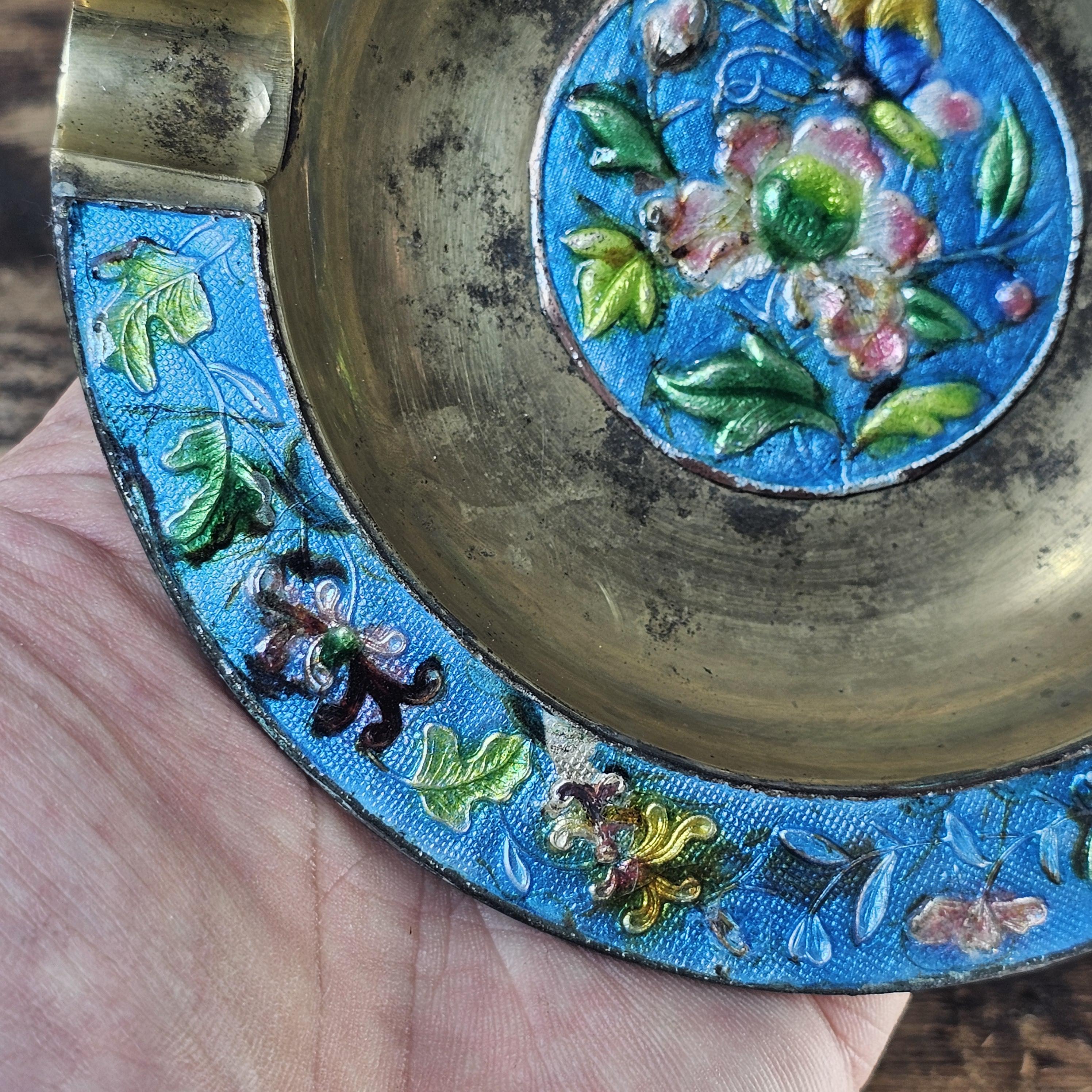 Vintage Chinese Cloisonné Enamel & Brass Ashtray | Ornate Floral Motif 5.25"