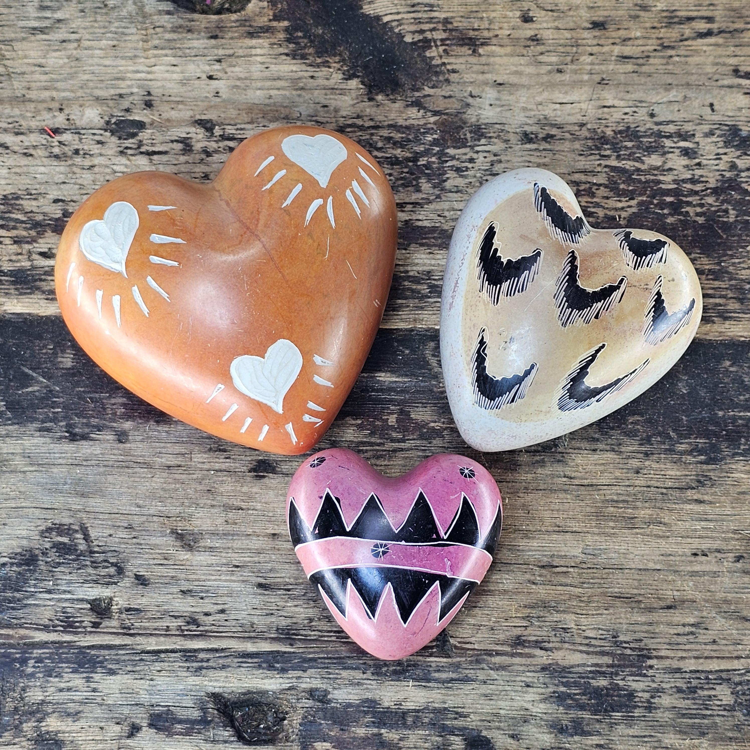 Set of 3 Hand-Carved Kenyan Soapstone Hearts African Art Decorative Paperweights