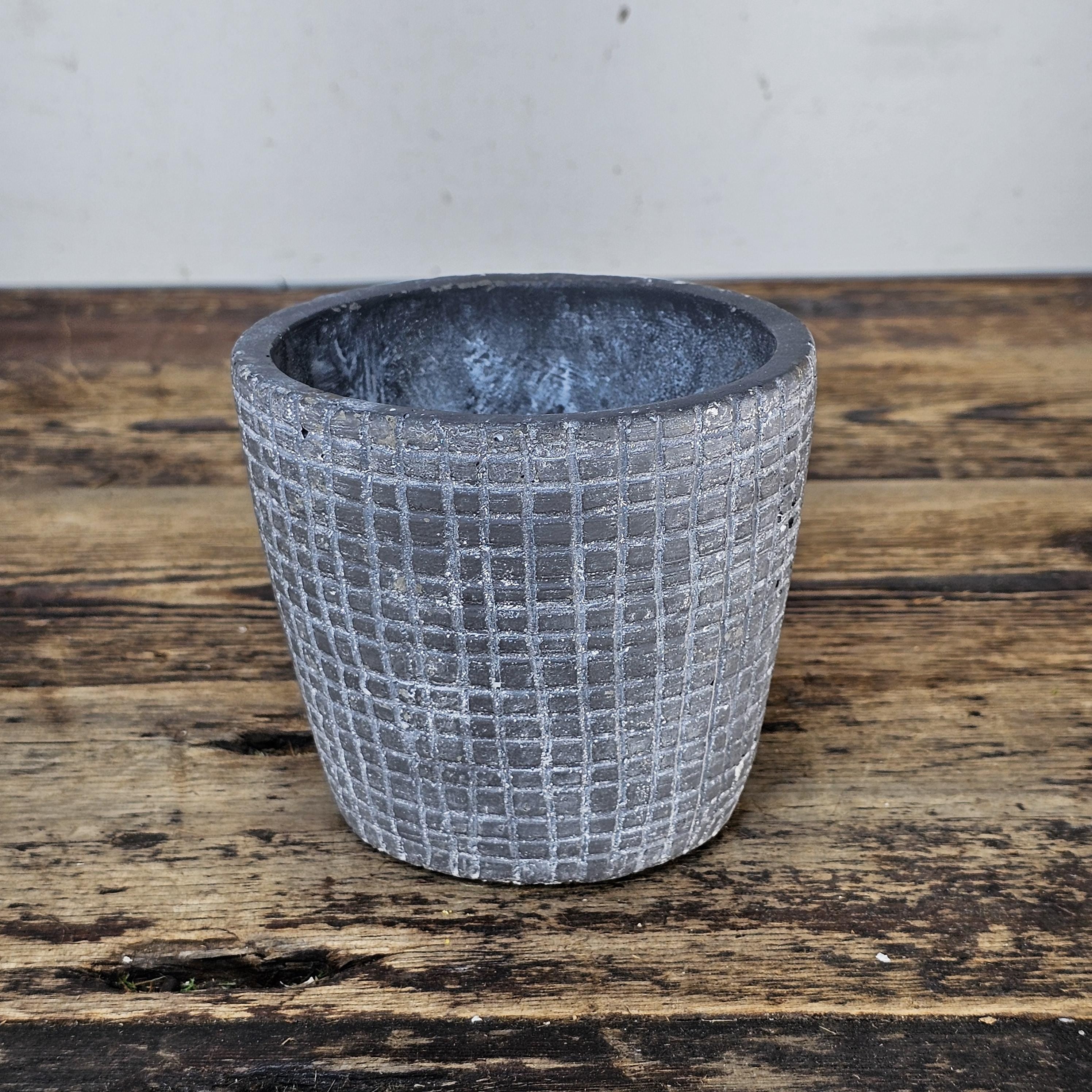 Small Concrete Planter Pot - Waffle Grid Texture, Industrial Brutalist Style