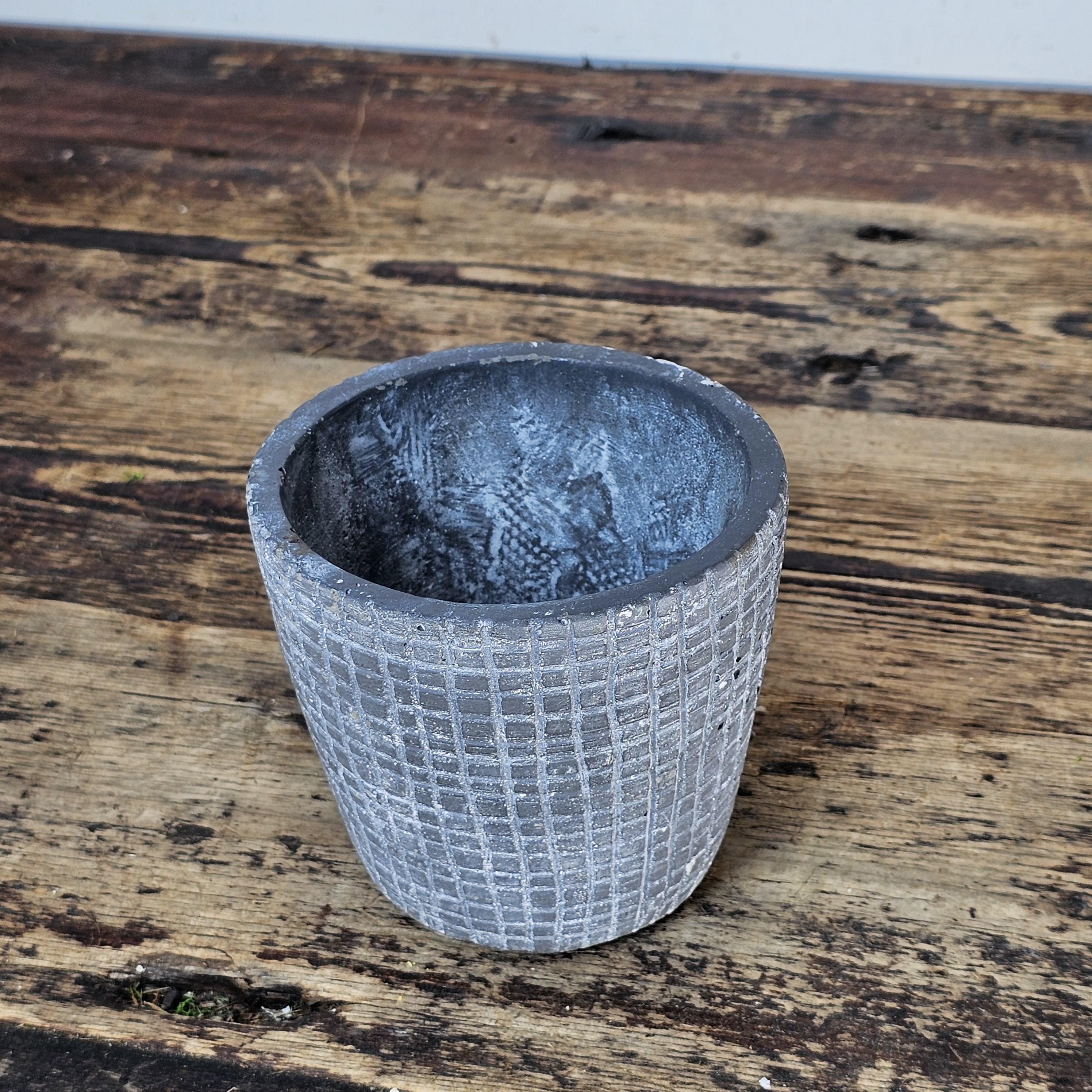 Small Concrete Planter Pot - Waffle Grid Texture, Industrial Brutalist Style
