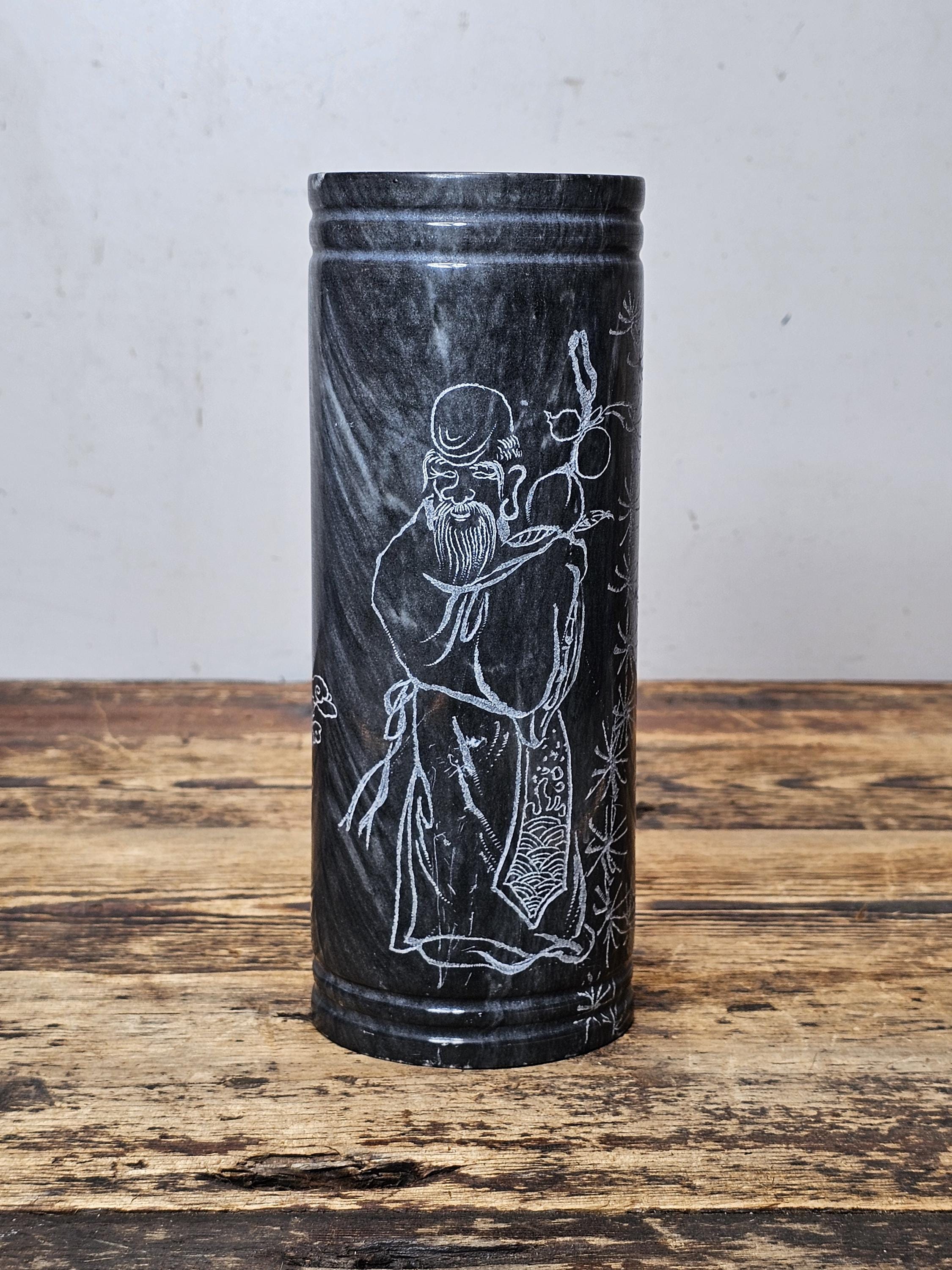 Vintage Chinese Etched Marble Vase / Brush Pot