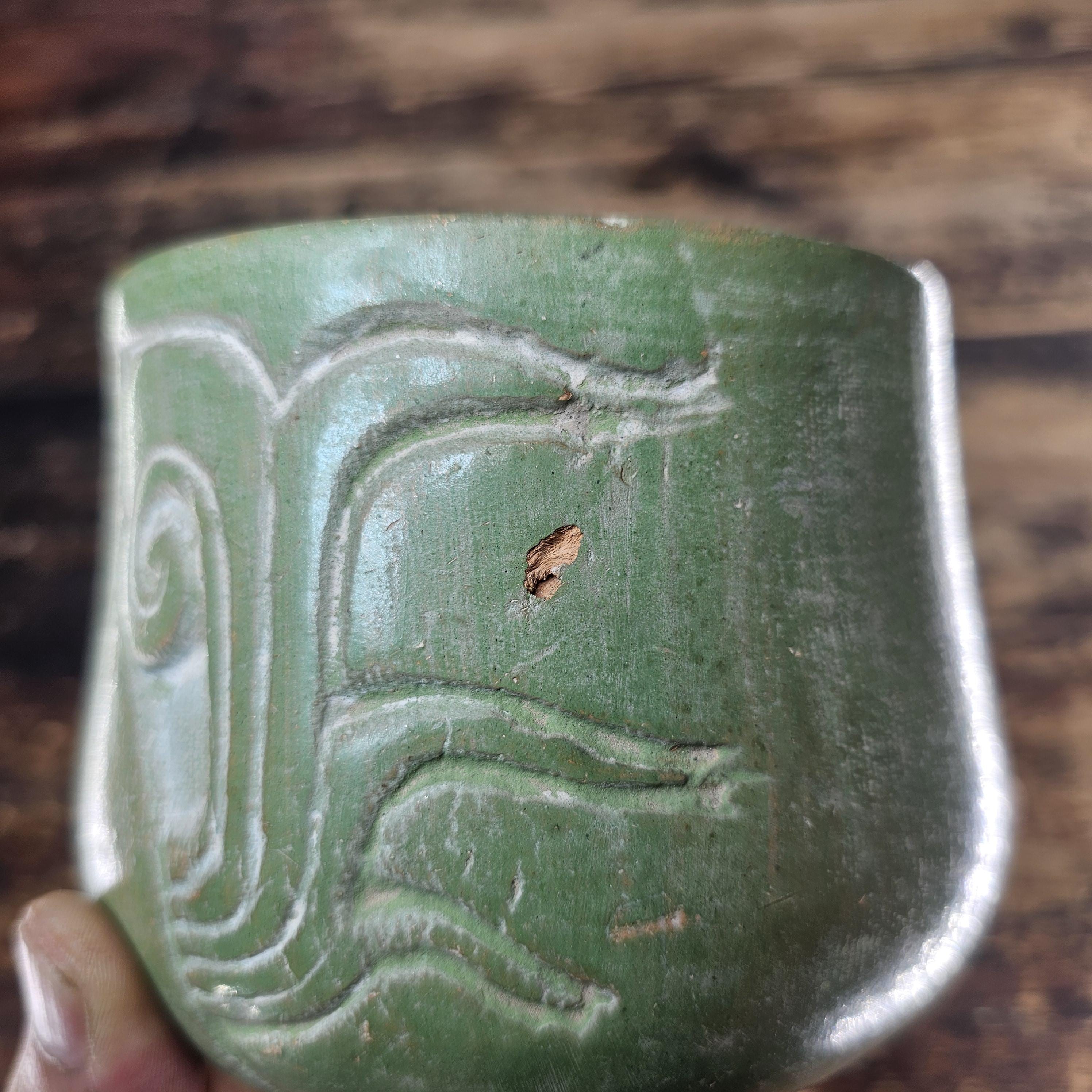 Mayan-Style Carved Jade-Green Vase (Modern Reproduction)