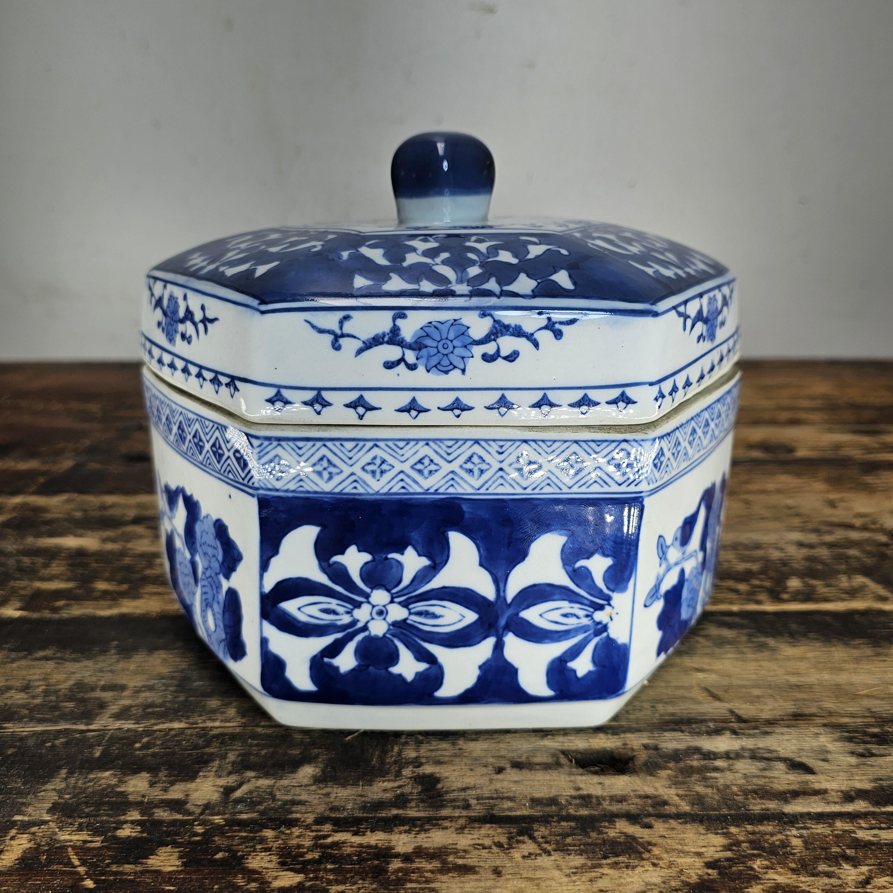 Vintage Blue & White Porcelain Chinoiserie Hexagonal Lidded Jar