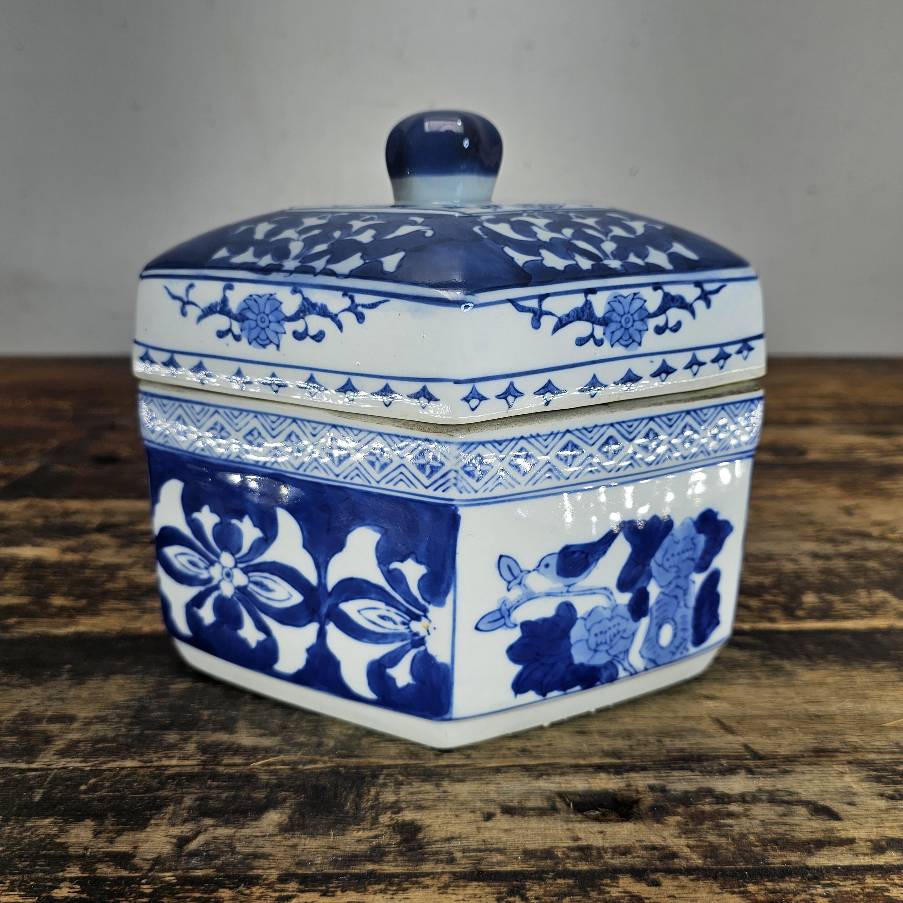 Vintage Blue & White Porcelain Chinoiserie Hexagonal Lidded Jar