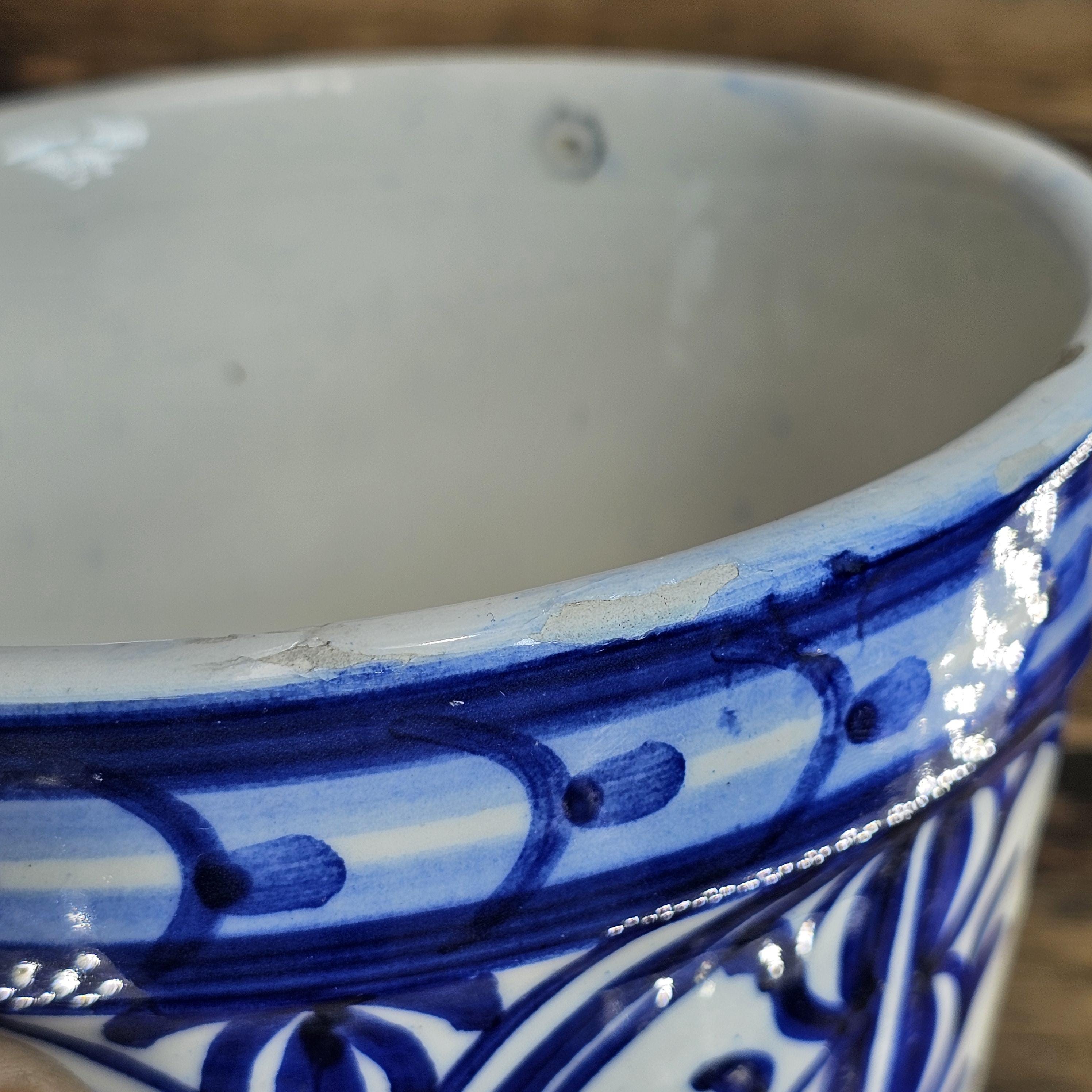 Vintage Spanish Talavera Pottery Planter | Blue & White Hand-Painted