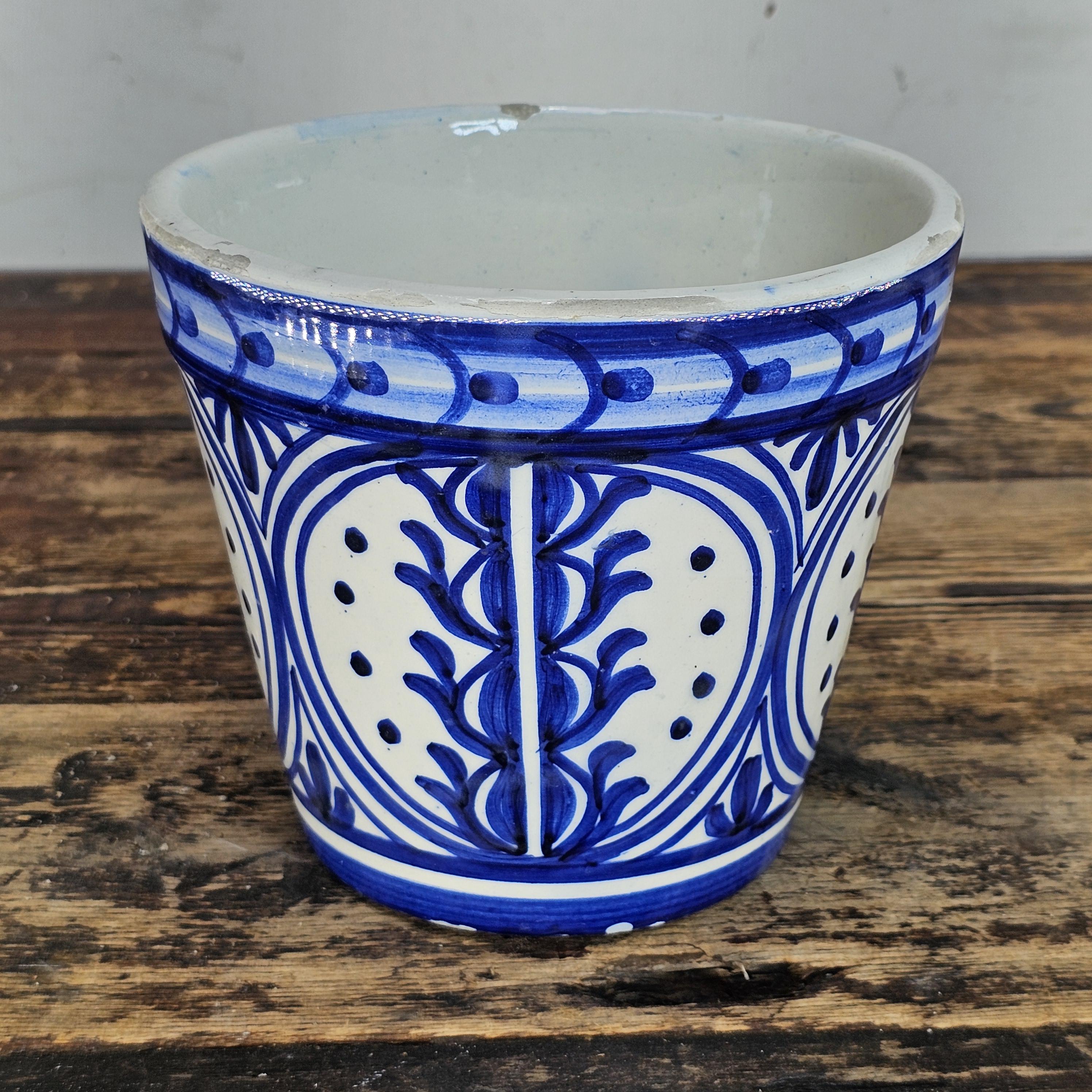 Vintage Spanish Talavera Pottery Planter | Blue & White Hand-Painted