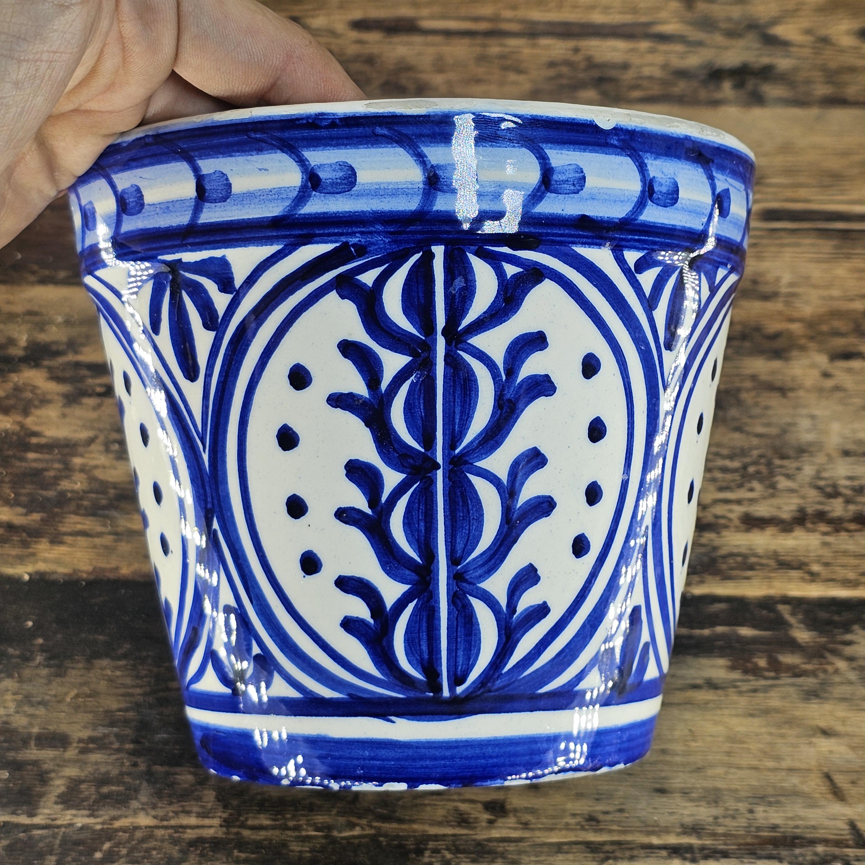 Vintage Spanish Talavera Pottery Planter | Blue & White Hand-Painted