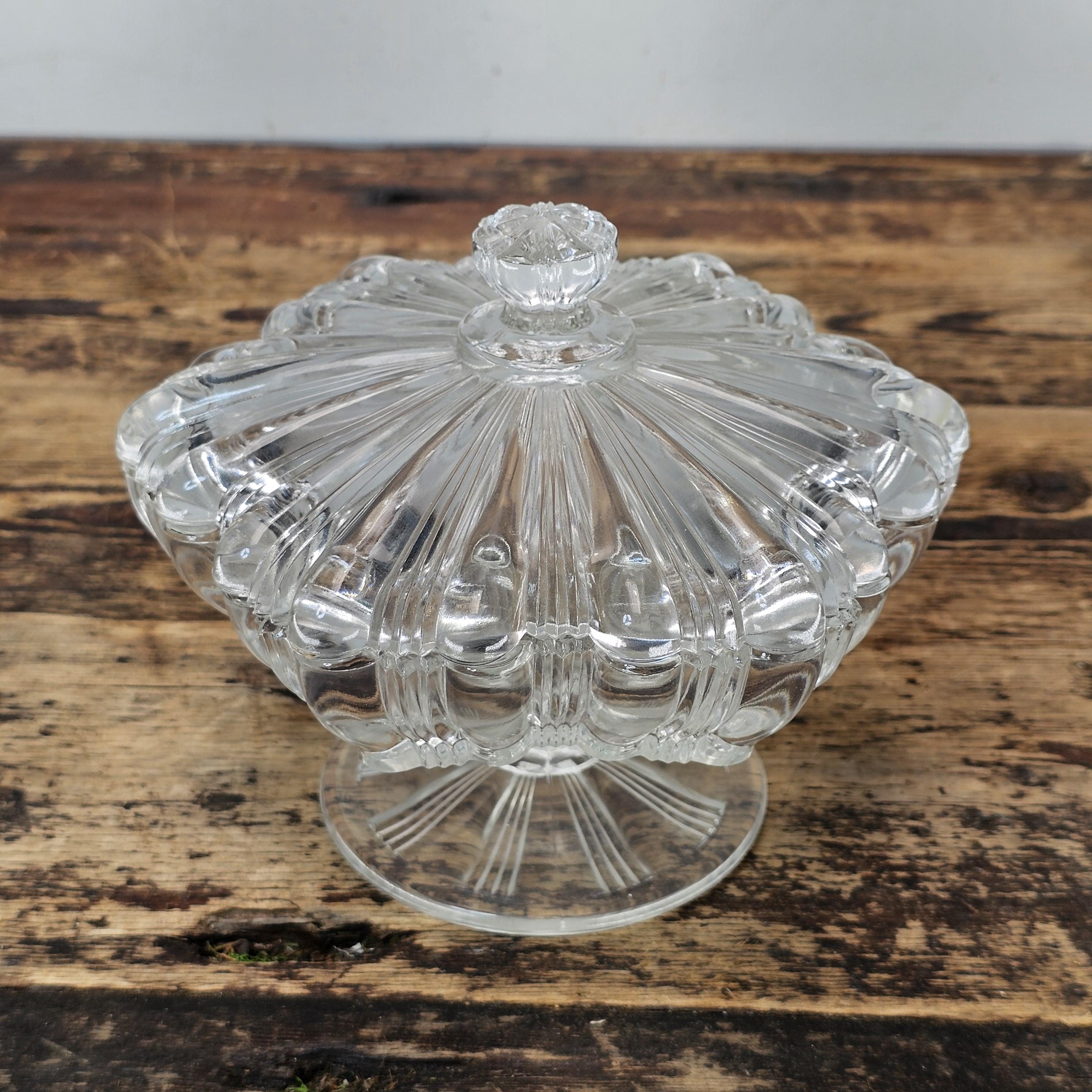 Vintage Pressed Glass Pedestal Candy Dish with Lid