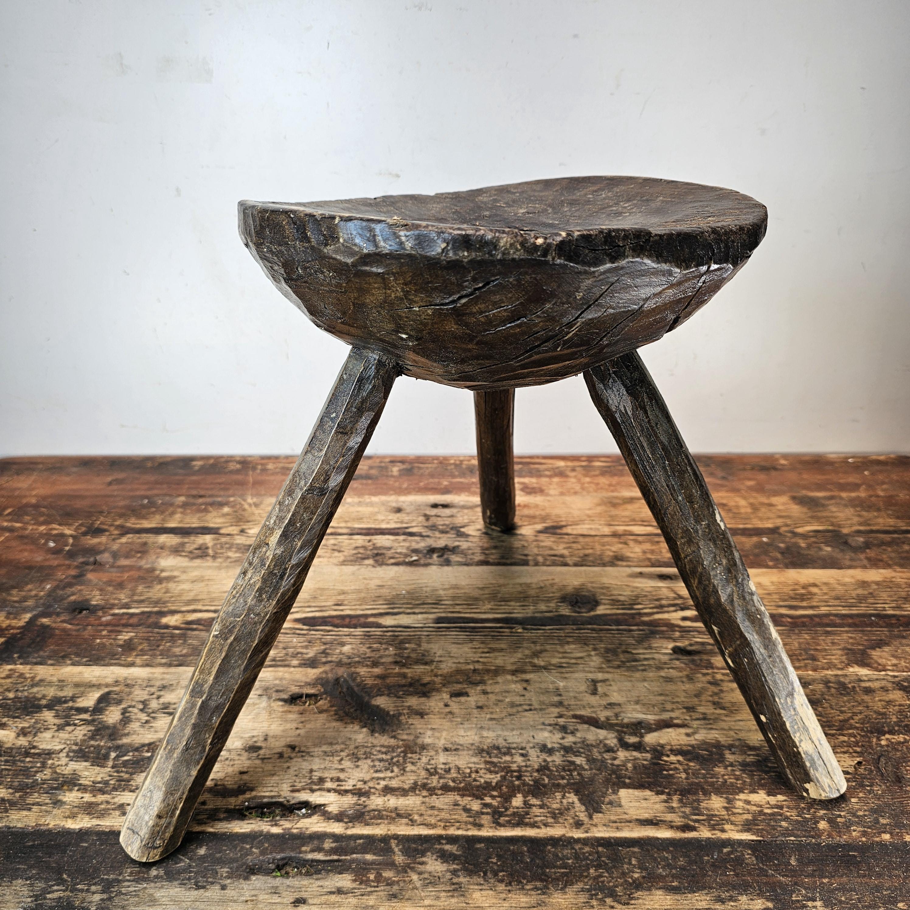 Authentic 18th-19th Century European Primitive Milking Stool / Wabi Sabi 12.75"H