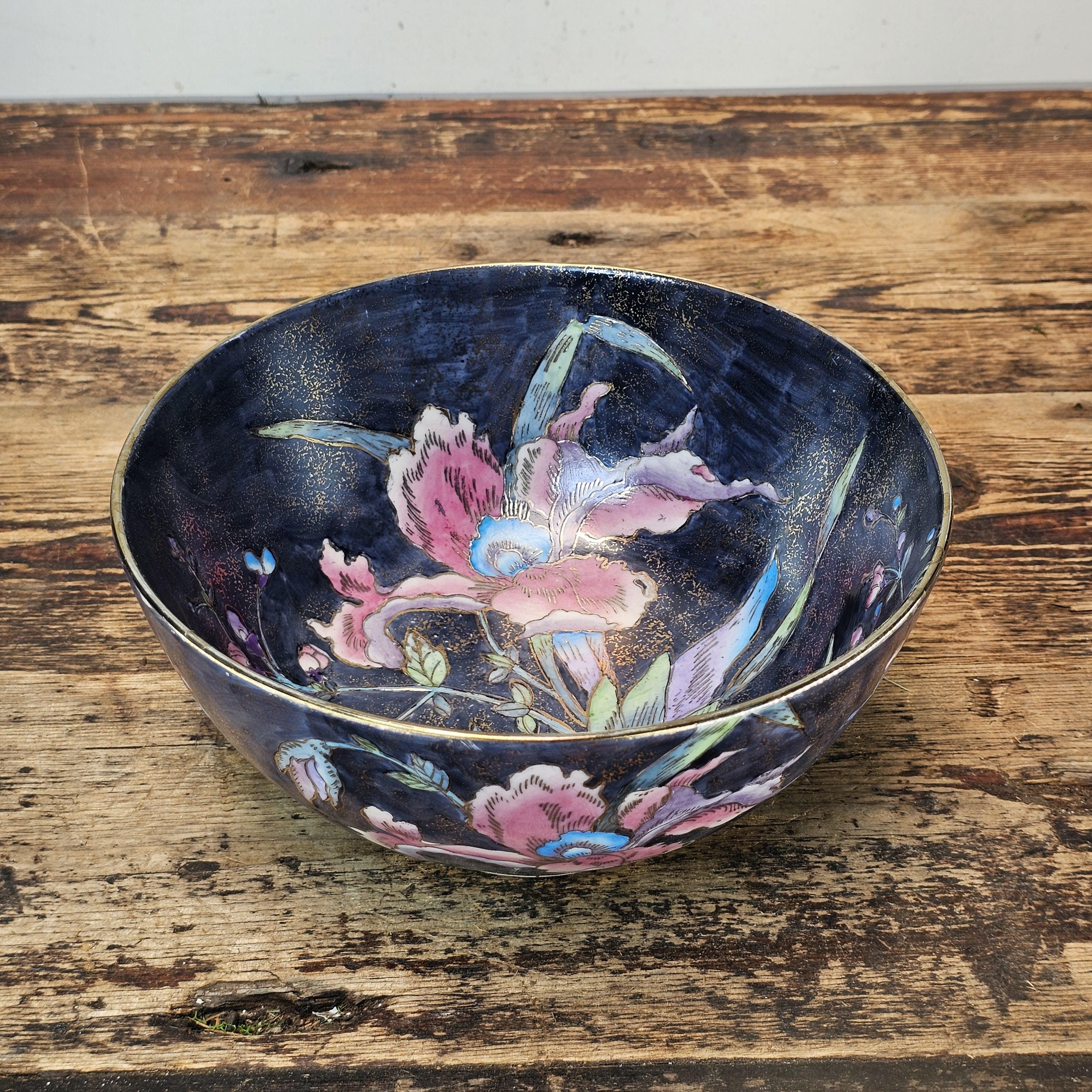 Vintage Chinese Export Ware Porcelain Bowl with Hand-Painted Iris & Gold Leaf