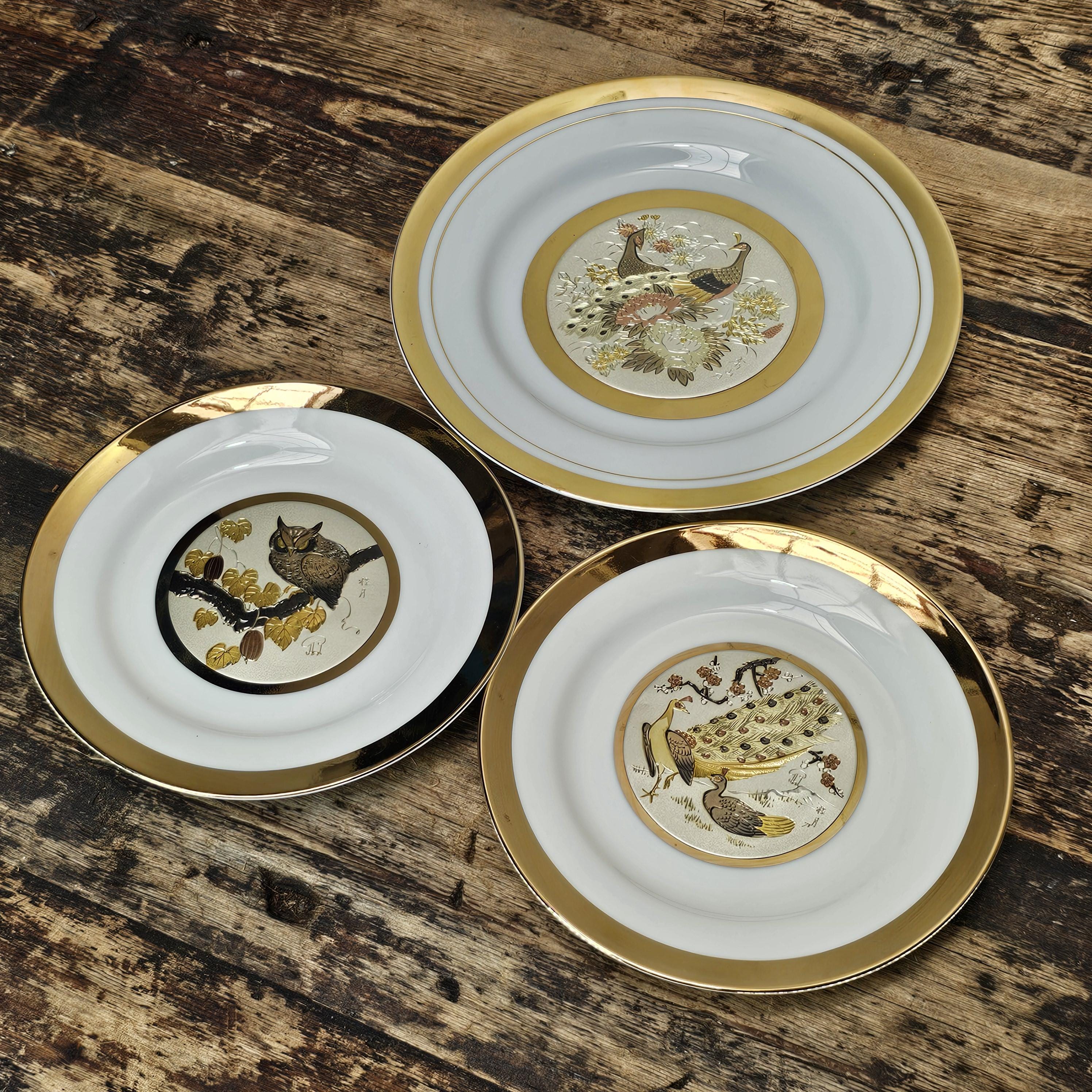 Set of 3 Vintage Art of Chokin Plates - Owl & Peacock by Keigetsu / Shuzan
