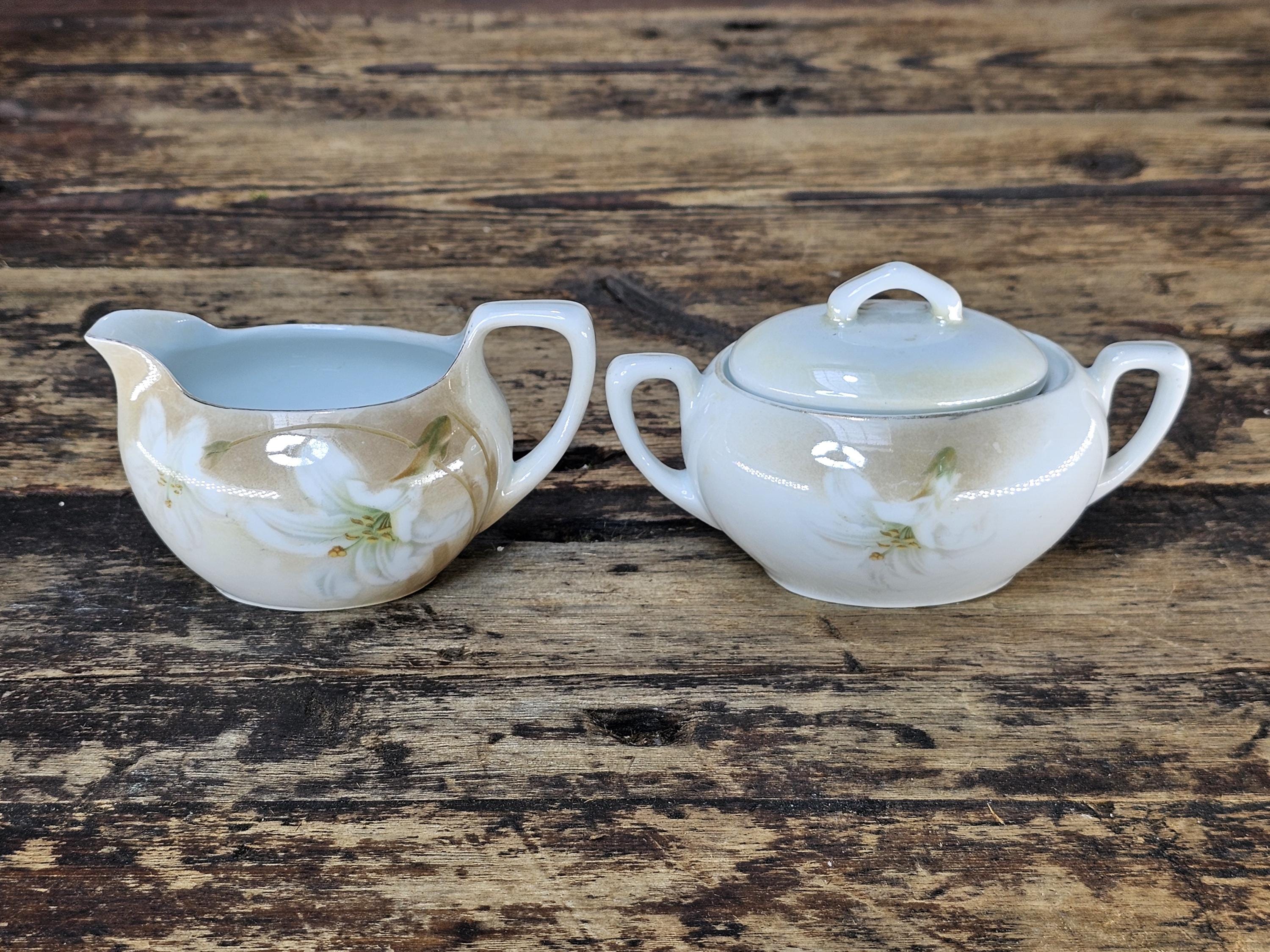 Antique RS Germany Creamer & Sugar Bowl Set - White Lilies, c. 1910s-20s