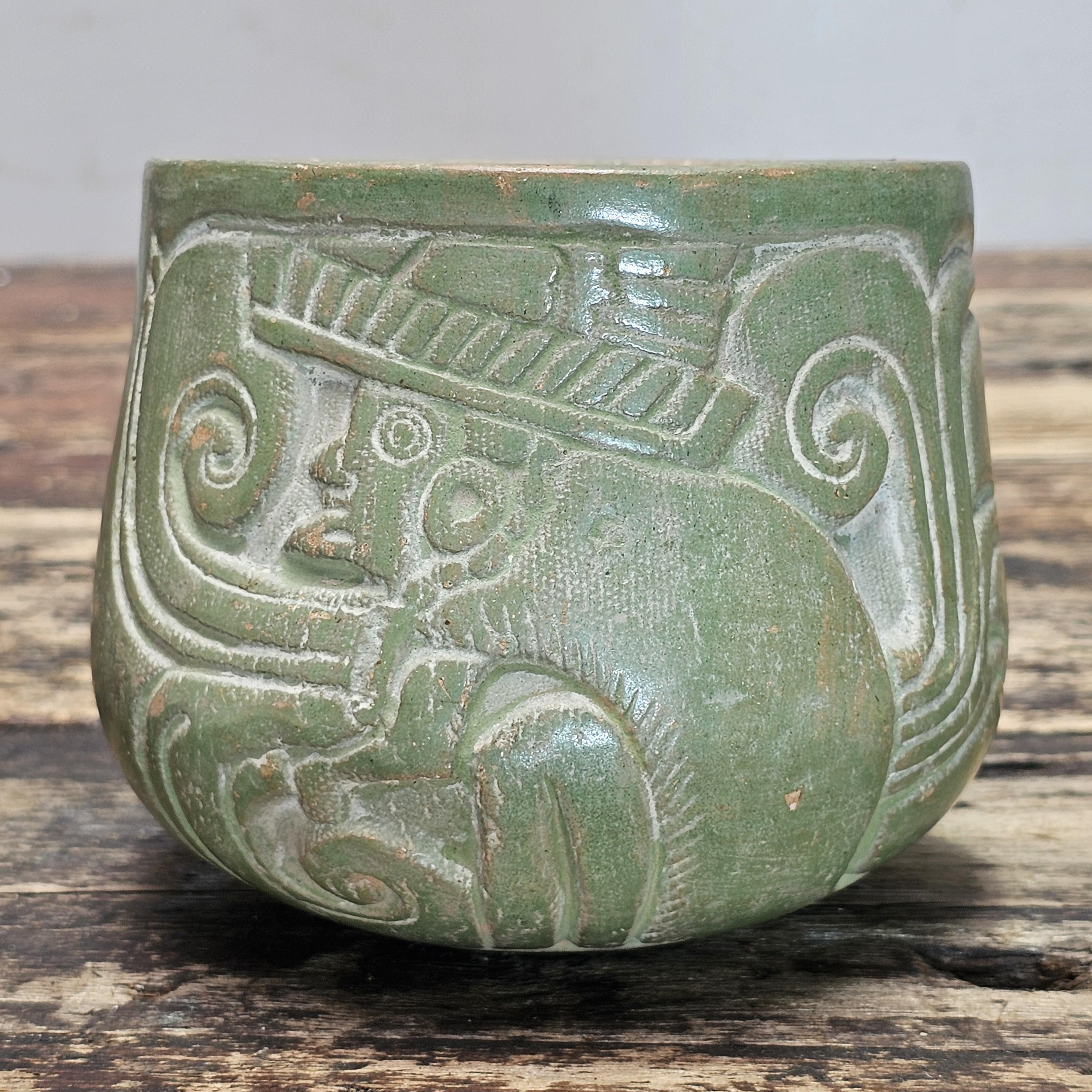 Mayan-Style Carved Jade-Green Vase (Modern Reproduction)