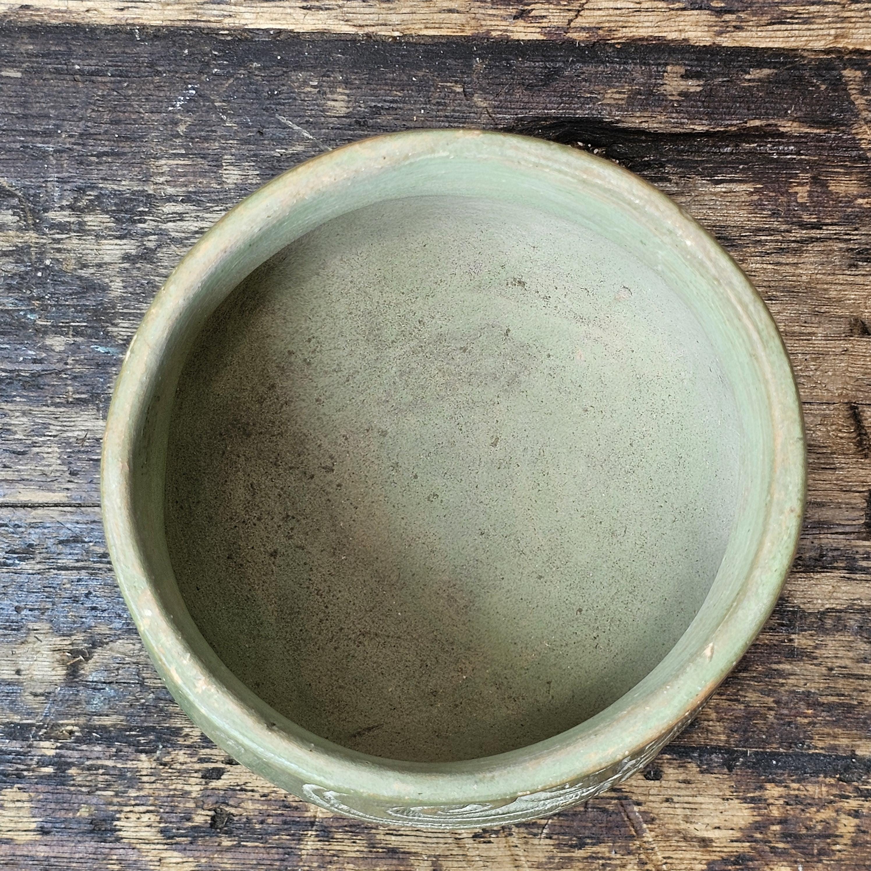 Mayan-Style Carved Jade-Green Vase (Modern Reproduction)