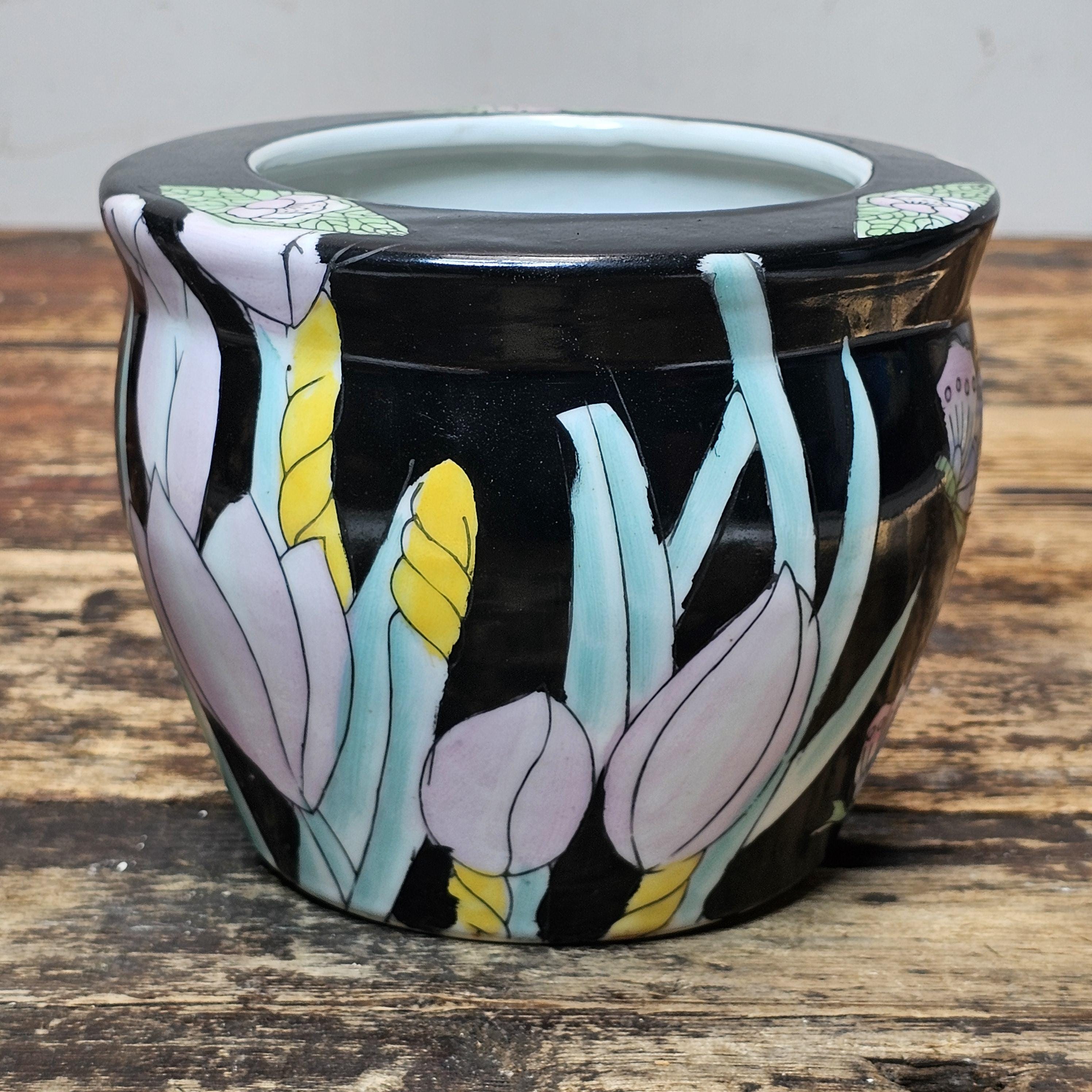 Vintage Ceramic Planter | Pastel Floral & Butterfly Motif 6" Dia. x 5" H