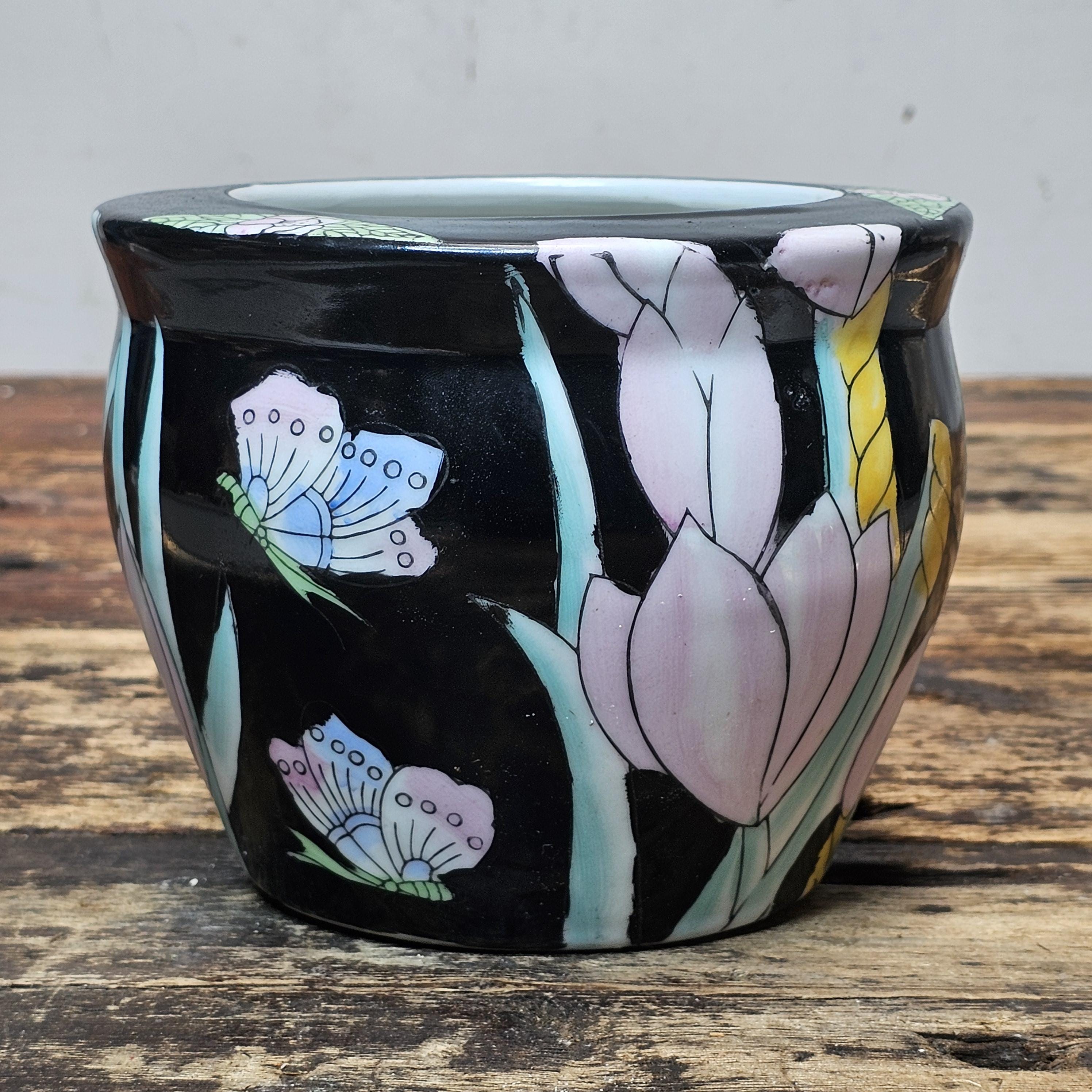 Vintage Ceramic Planter | Pastel Floral & Butterfly Motif 6" Dia. x 5" H