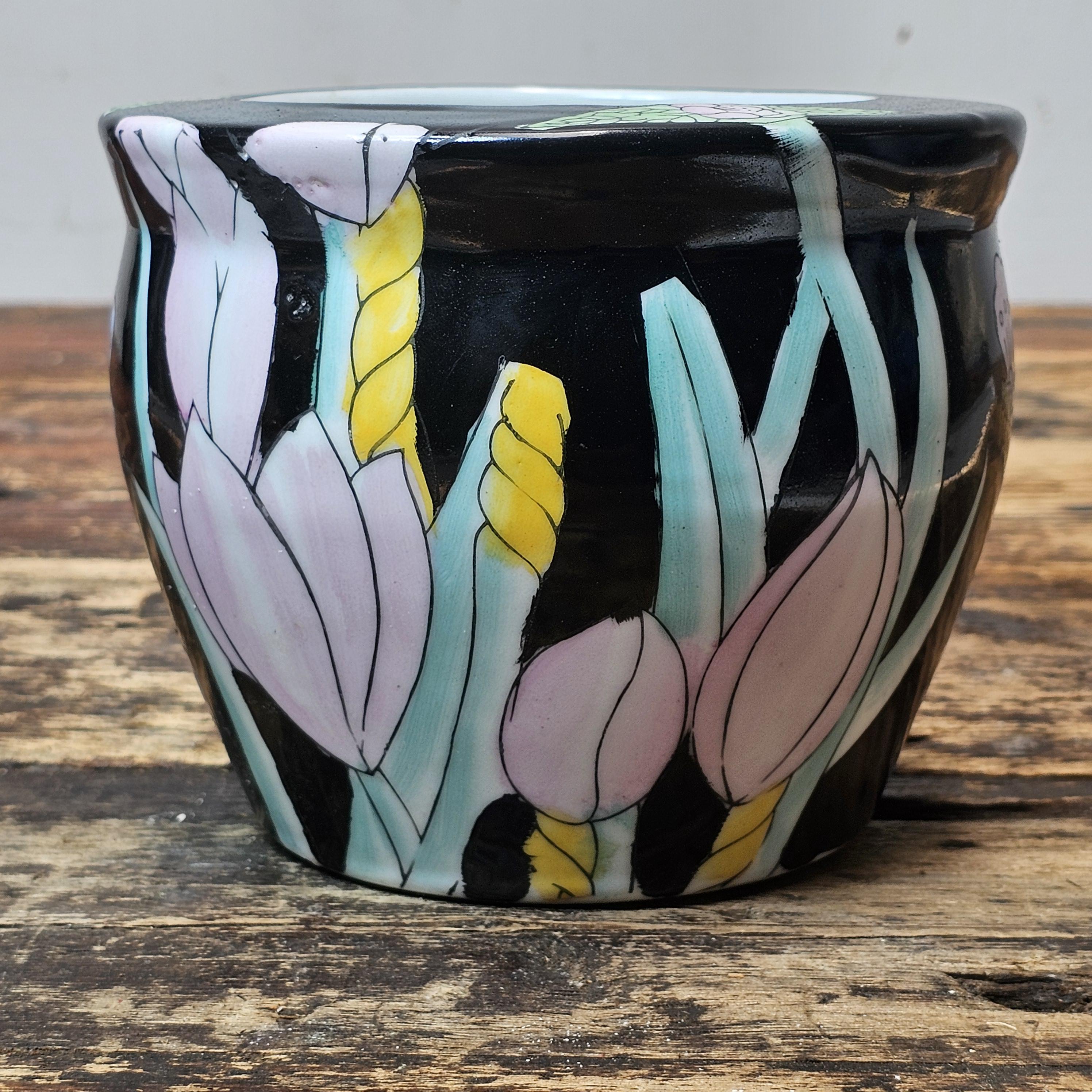 Vintage Ceramic Planter | Pastel Floral & Butterfly Motif 6" Dia. x 5" H