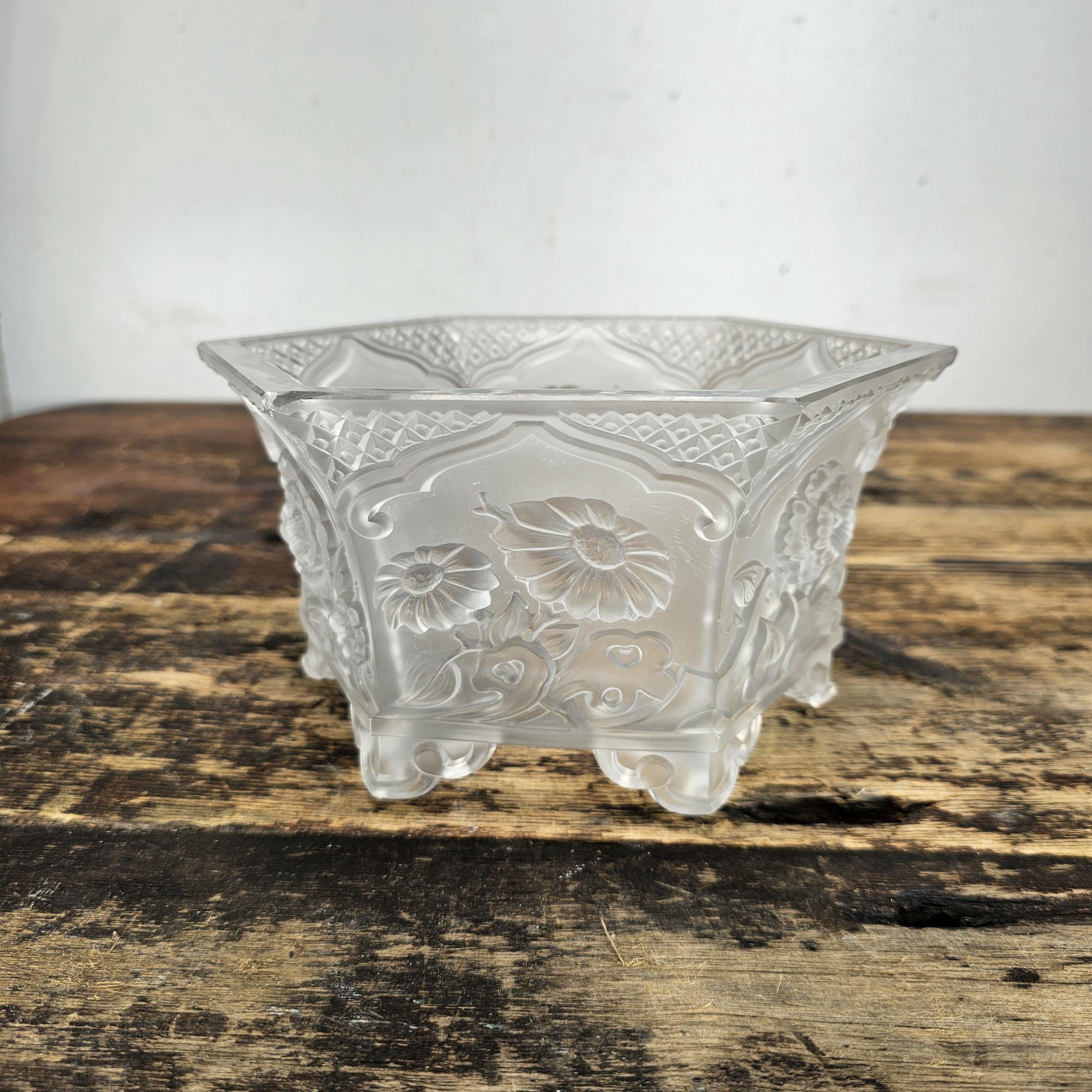 Vintage Verlys America Art Deco Hexagonal Glass Planter / Flower Bowl
