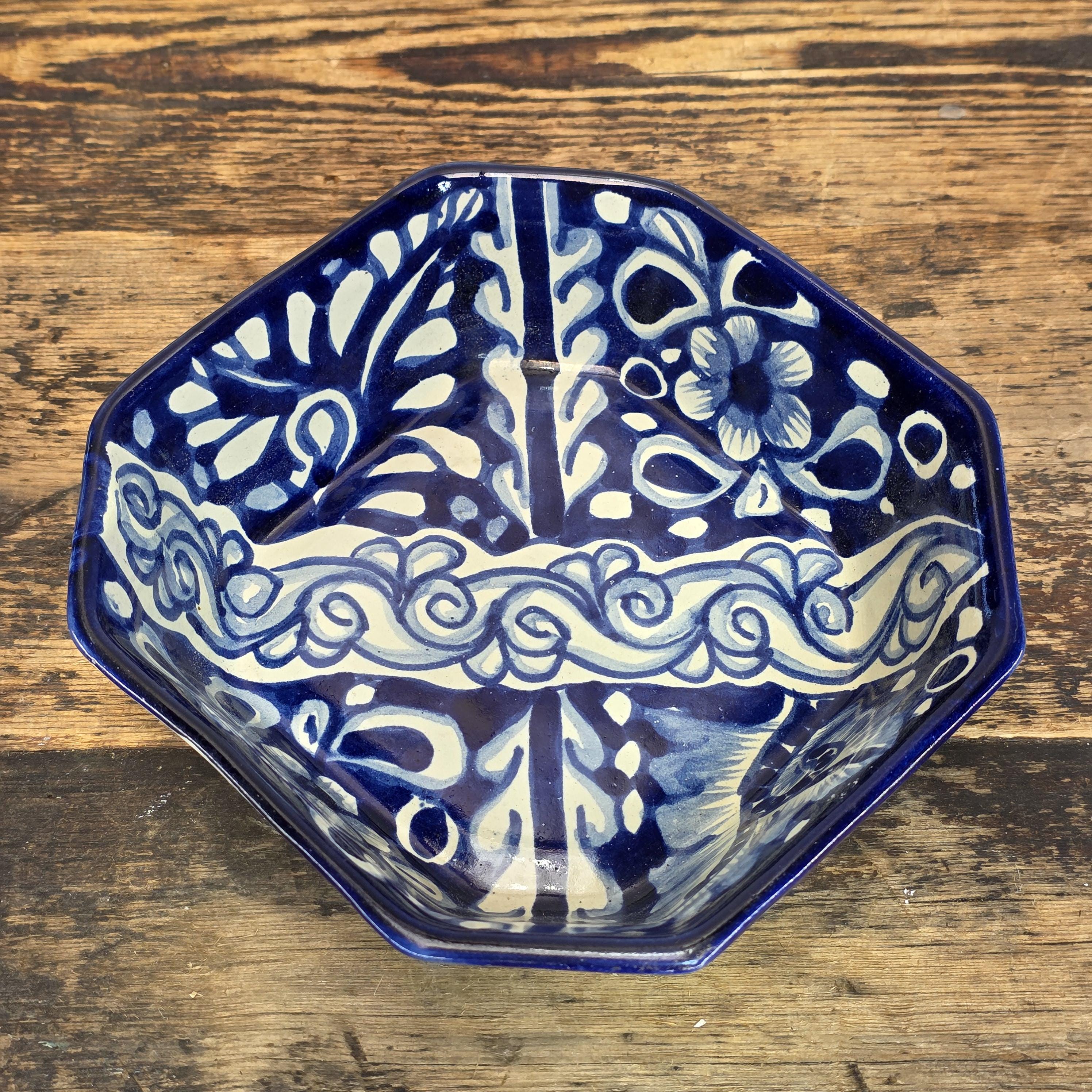 Talavera Pottery Bowl - Blue & White Octagonal Dish Signed R. VENEGAS