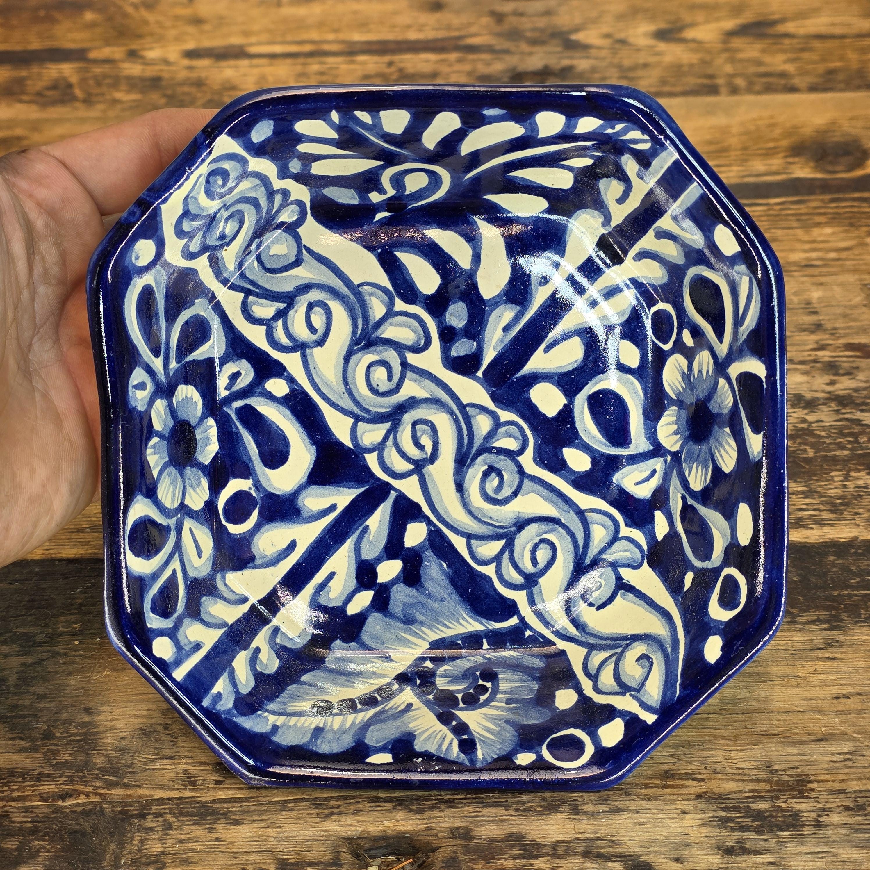 Talavera Pottery Bowl - Blue & White Octagonal Dish Signed R. VENEGAS