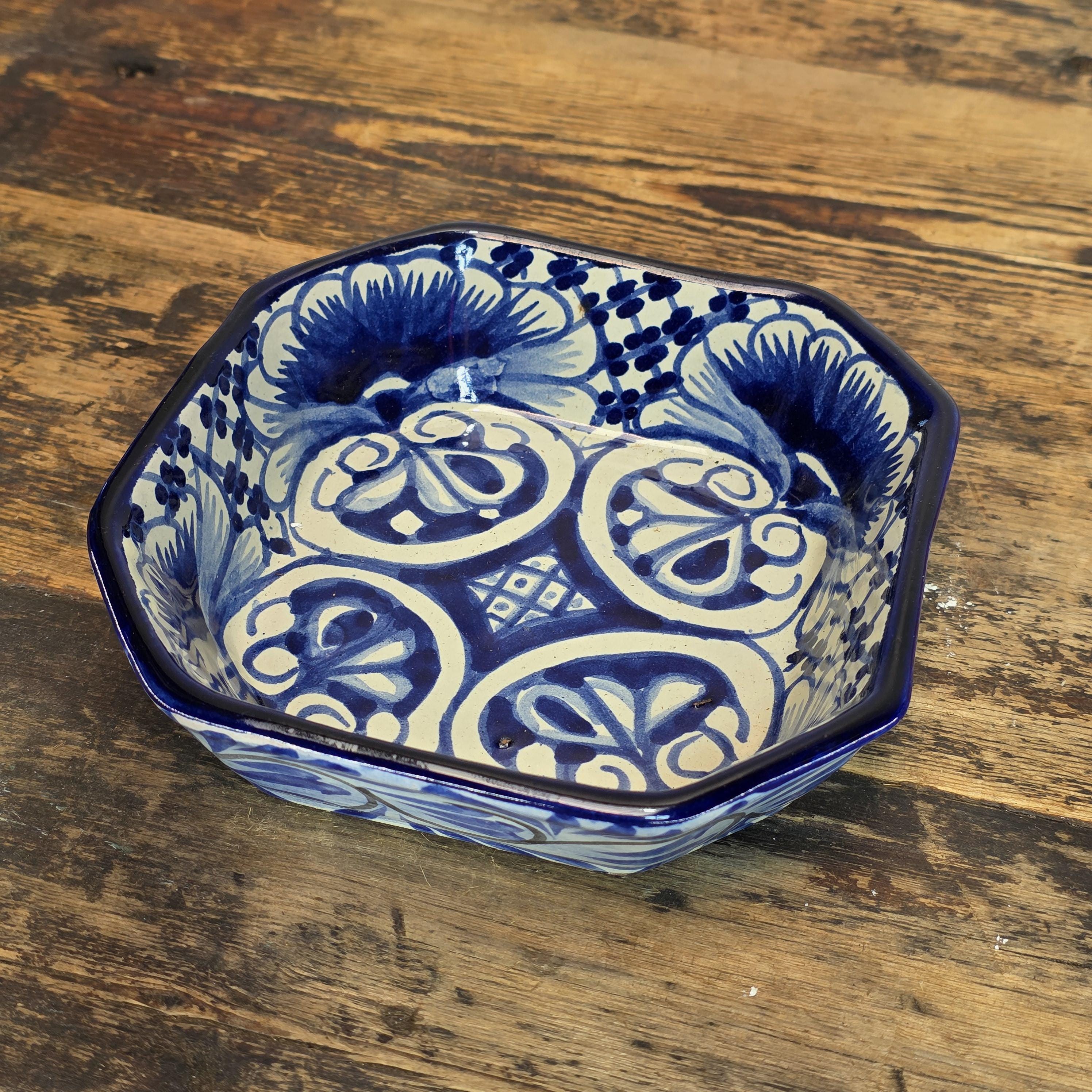 Talavera Pottery Bowl - Blue & White Octagonal Dish Signed R. VENEGAS